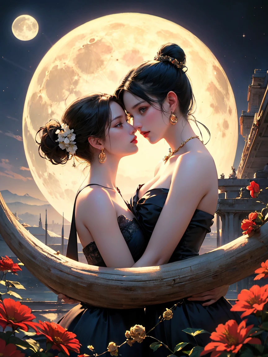 (masterpiece, highest quality, official art, beauty and aesthetic:1.5), perfect anatomy, two women is deeply in love with each other, kiss, romantic atmosphere, flower and moon, magnificent panorama view