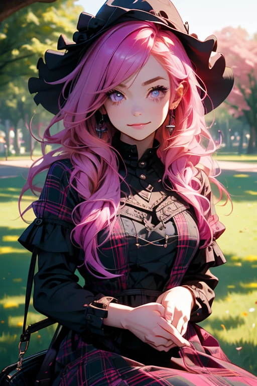 Perfect face. Perfect hands. A pink haired woman with violet eyes and an hourglass figure in a Gothic plaid dress is reading underneath a tree with a broken smile in the park