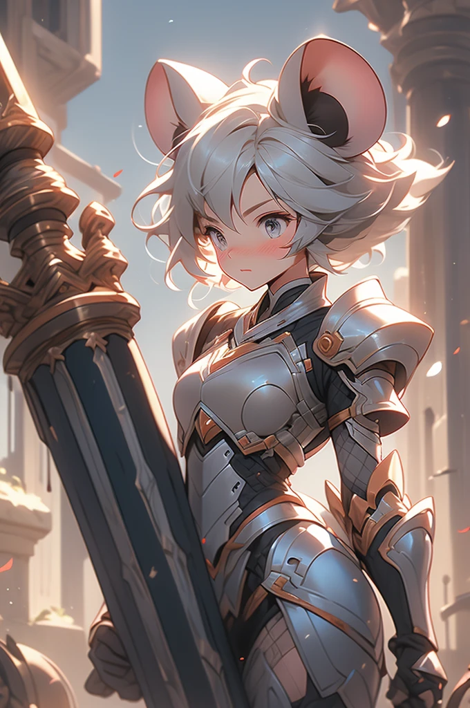 tiny woman, shy, blushing, leather armor, small, tiny , mouse tail, mouse ears, looking down, long gray hair, knight, giant hammer