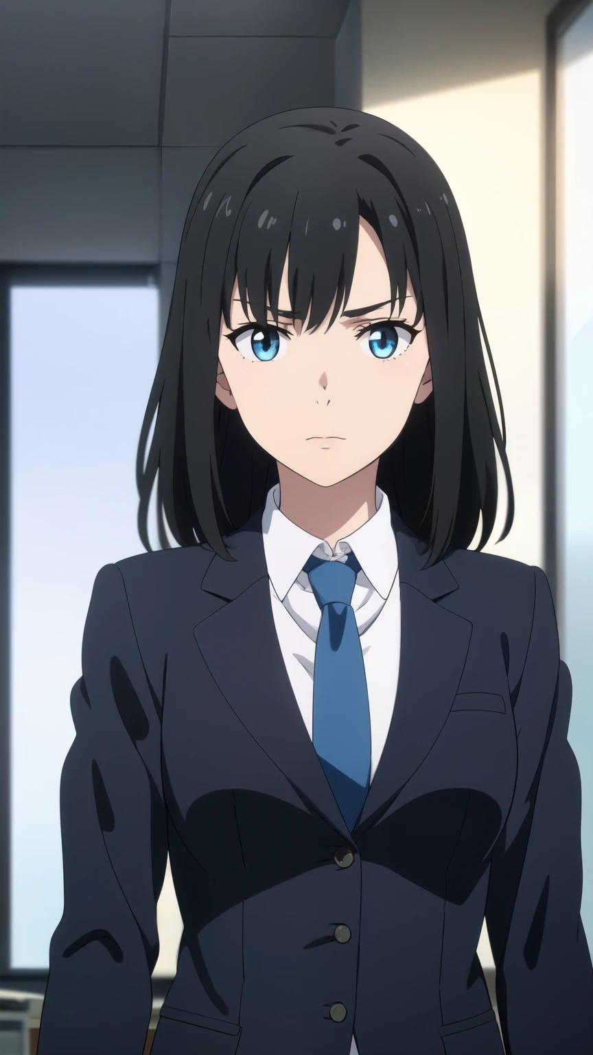 (best quality:1.5, highres, UHD, 4K, detailed lighting, shaders), black hair, hair down, cool woman, cool girl, sharp eyes, narrow eyes, blue eyes, beautiful, small breasts, office background, formal suit, necktie, jacket, focus on character face