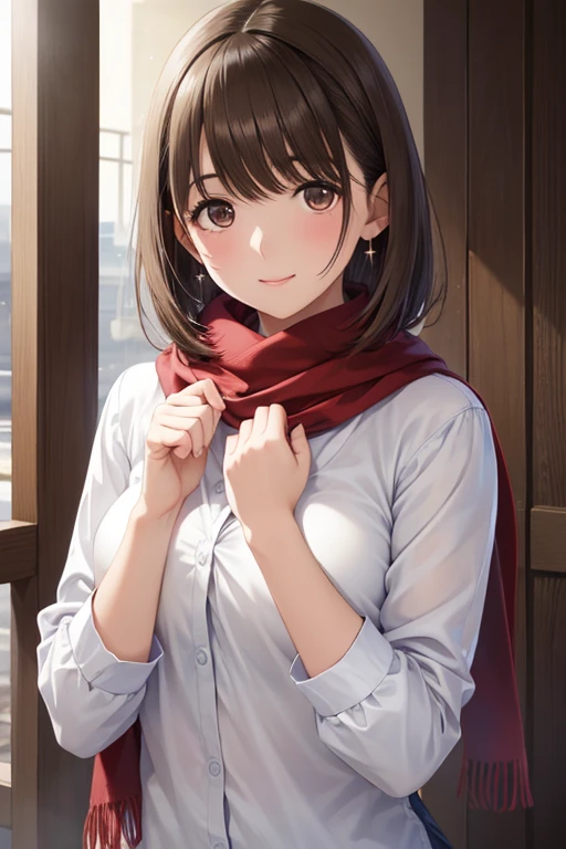 anegasaki nene、Shiny brown hair, short hair, (Beautiful brown eyes、Sparkling eyes, Fine grain)、smile、Super detailedな目、Highly detailed face, Highly detailed eyes,
Ultra-high resolution, Superior Quality, Highest quality, Super detailed, Realistic, 8k, RAW Photos, Highest quality, masterpiece, Attractive girl, A wonderful girl,
A woman poses for the camera with a scarf over her chest, One Girl, alone, Realistic, Brown eyes, View your viewers