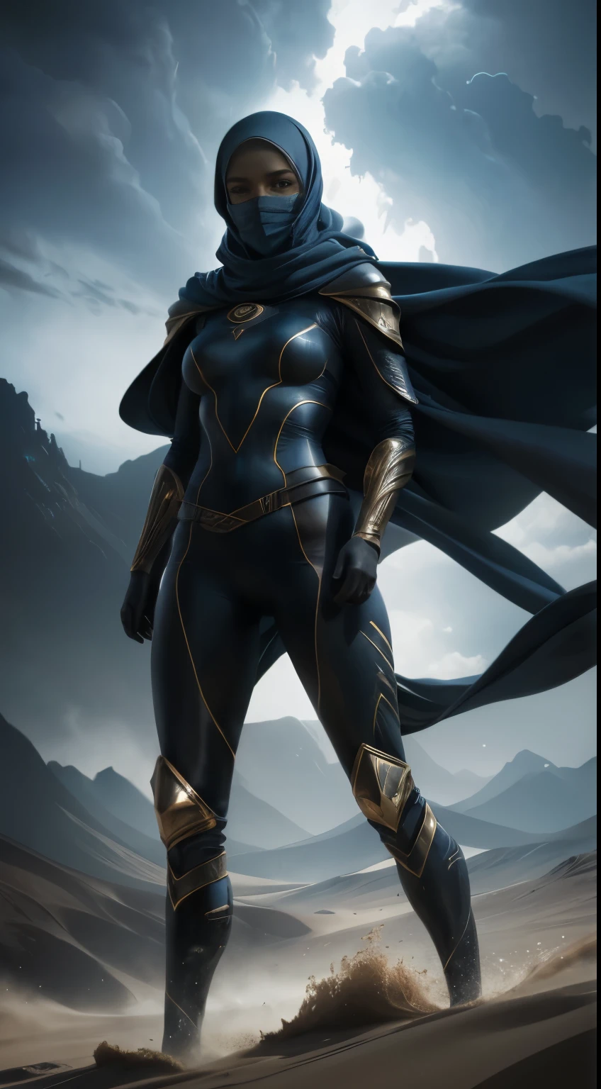 a digital illustration portraying a girl clad in an intricately designed Fremen suit reminiscent of the universe in Frank Herbert's "Dune." The suit boasts meticulous detailing, showcasing its desert-friendly features, including sand-resistant layers, functional utility belts, and a protective headscarf. Against the backdrop of a ferocious desert storm, she stands defiant, the tempest swirling around her. The artwork adopts a hyperrealistic style, accentuating the tactile feel of the suit's texture and the dramatic contrast of light and shadow in the midst of the storm
