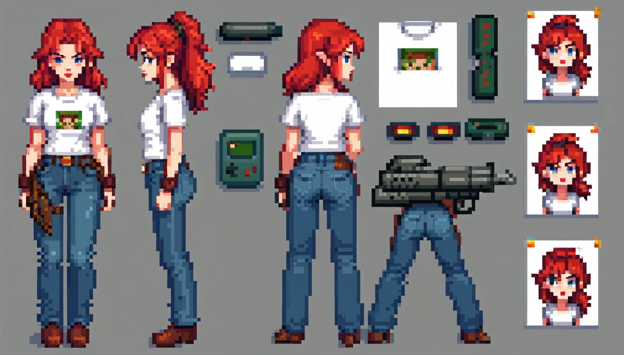 a female warrior with a big gun , avatar ,white t-shirt, jeans pants, red lipstick, pixel art , game character , flat , 2D , red hair , retro , classic , Nes , character sheet