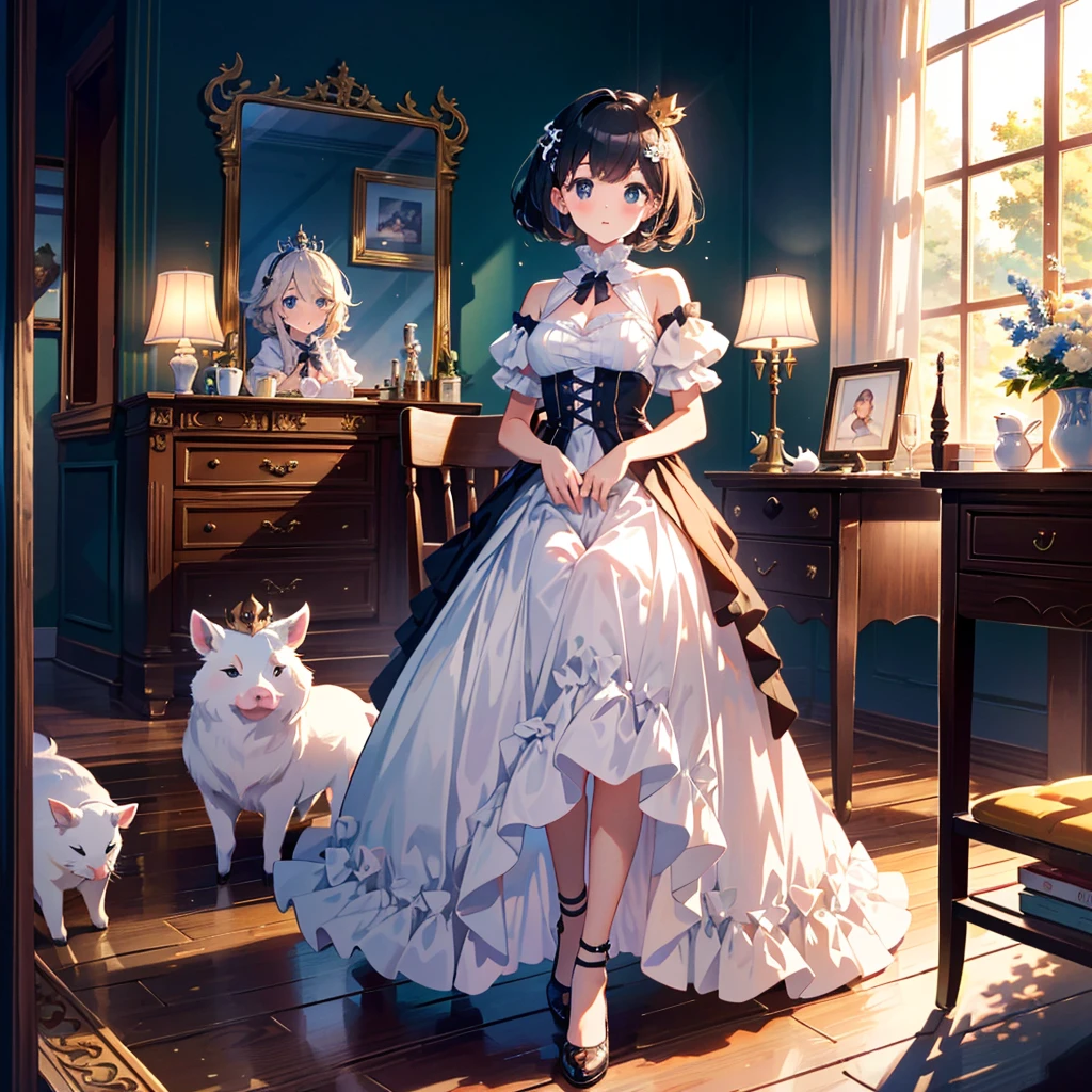Masterpiece, highest quality, high resolution background, bright and beautiful atmosphere, 3 girls (2 years old, 1 short-tempered round face), 1 child) (hair, surface effects), small breasts, princess style, beautiful crown , the princess's luxurious room, a girl sitting on a chair, mini pigs wearing beautiful clothes, mini pigs lining up, "deltamon_sdXL :0.73) >Deltamon