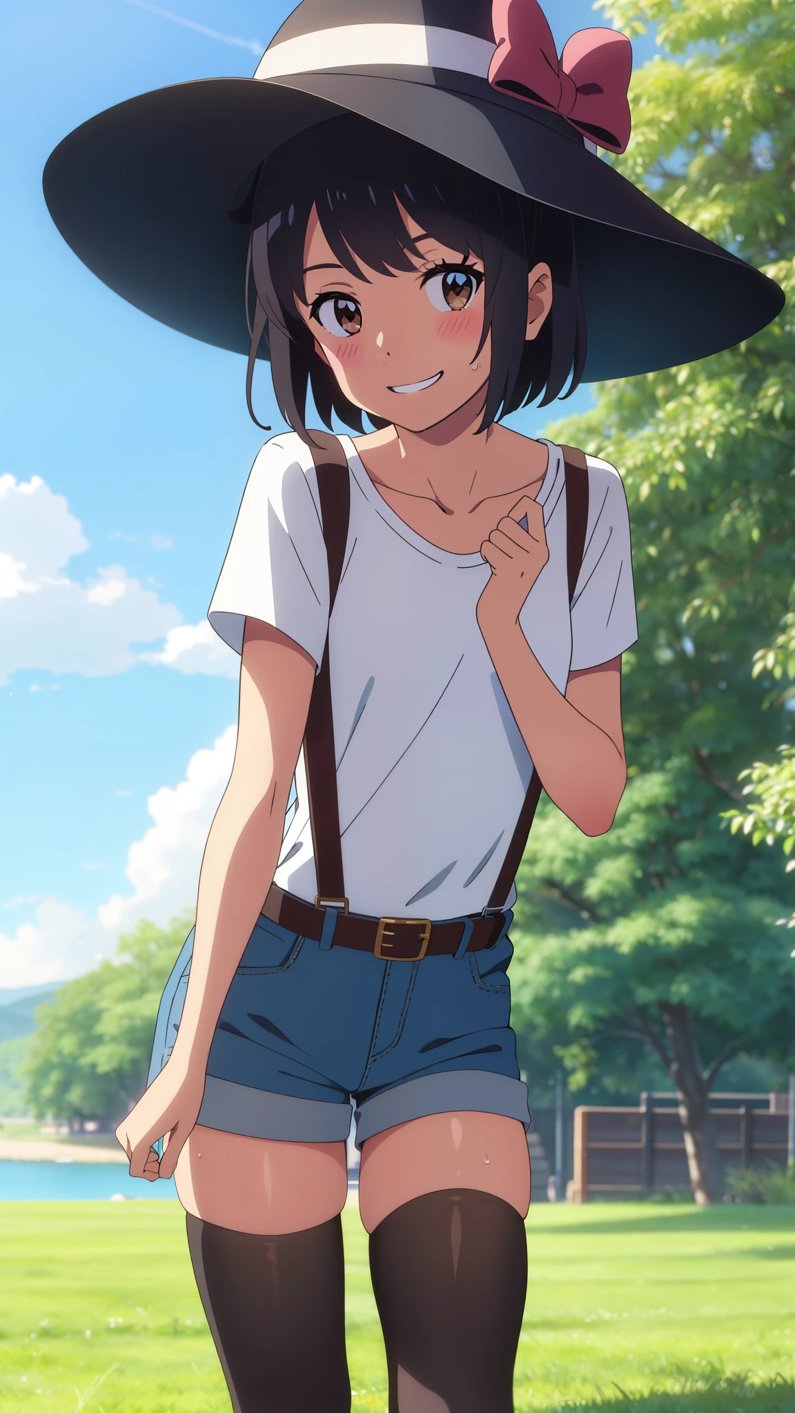 shinkai makoto, kimi no na wa., 1girl, bangs, black hair, blush, brown eyes, perfect face, looking at the viewer, bonnie hat, black suspenders, white t-shirt, bare shoulders, garterbelt, sight, blue shorts, belt, short hair, solo, shinny skin, smile, cute, grin, black thighhighs, blue sky background, sweat, (masterpiece), best quality
