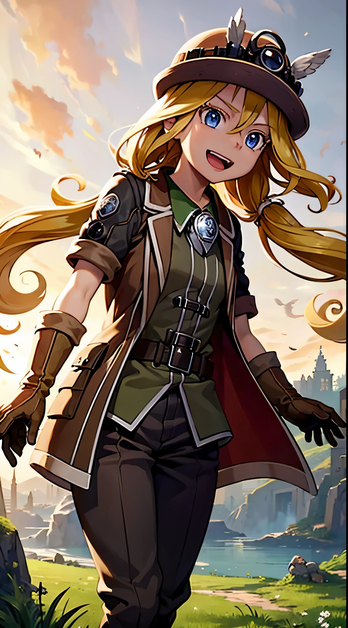 score_9, score_8_up, score_7_up, score_6_up, source_anime, Perfect Hands, perfecteyes, BREAK 1girl, solo, mabyss, scenery, thirdlayer, riko \(made in abyss\), blonde hair, green eyes, glasses, low twintails, gloves, jacket, short sleeves, :d, open clothes, teeth, pants, bag, open jacket, backpack, helmet, , brown gloves, brown jacket, waving, female , whistle, whistle around neck, looking at viewer, brown helmet,