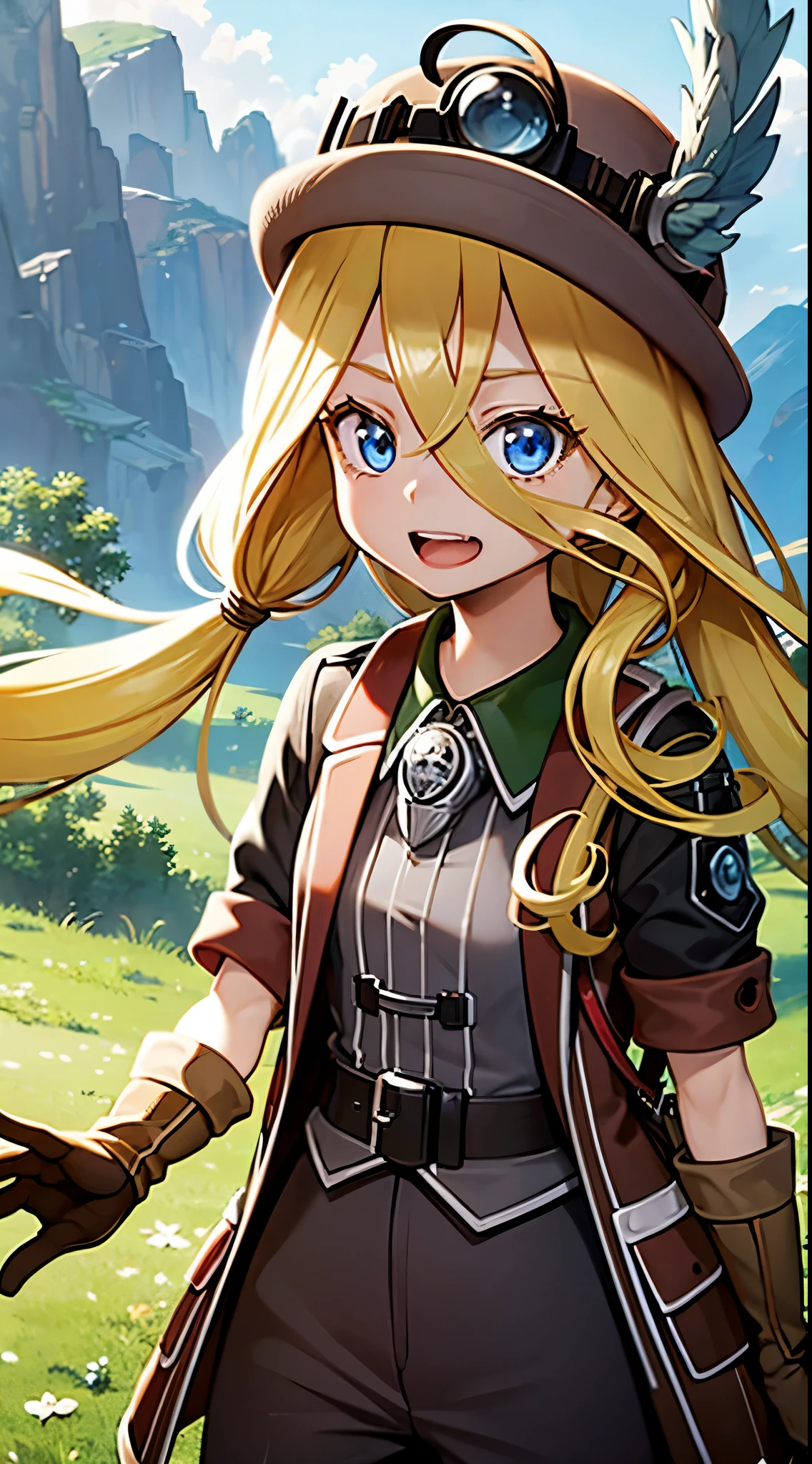 score_9, score_8_up, score_7_up, score_6_up, source_anime, Perfect Hands, perfecteyes, BREAK 1girl, solo, mabyss, scenery, thirdlayer, riko \(made in abyss\), blonde hair, green eyes, glasses, low twintails, gloves, jacket, short sleeves, :d, open clothes, teeth, pants, bag, open jacket, backpack, helmet, , brown gloves, brown jacket, waving, female , whistle, whistle around neck, looking at viewer, brown helmet,