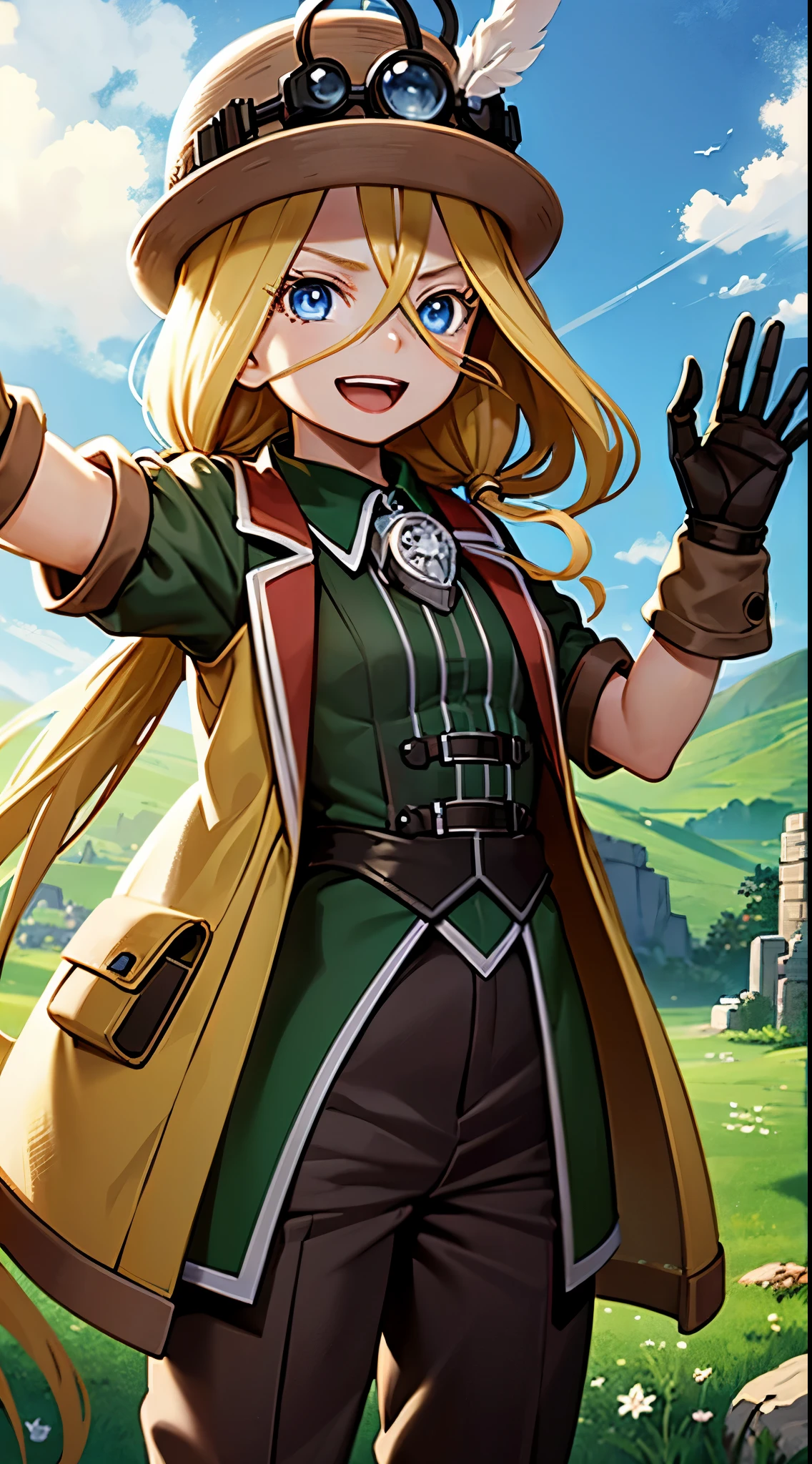 score_9, score_8_up, score_7_up, score_6_up, source_anime, Perfect Hands, perfecteyes, BREAK 1girl, solo, mabyss, scenery, thirdlayer, riko \(made in abyss\), blonde hair, green eyes, glasses, low twintails, gloves, jacket, short sleeves, :d, open clothes, teeth, pants, bag, open jacket, backpack, helmet, , brown gloves, brown jacket, waving, female , whistle, whistle around neck, looking at viewer, brown helmet,