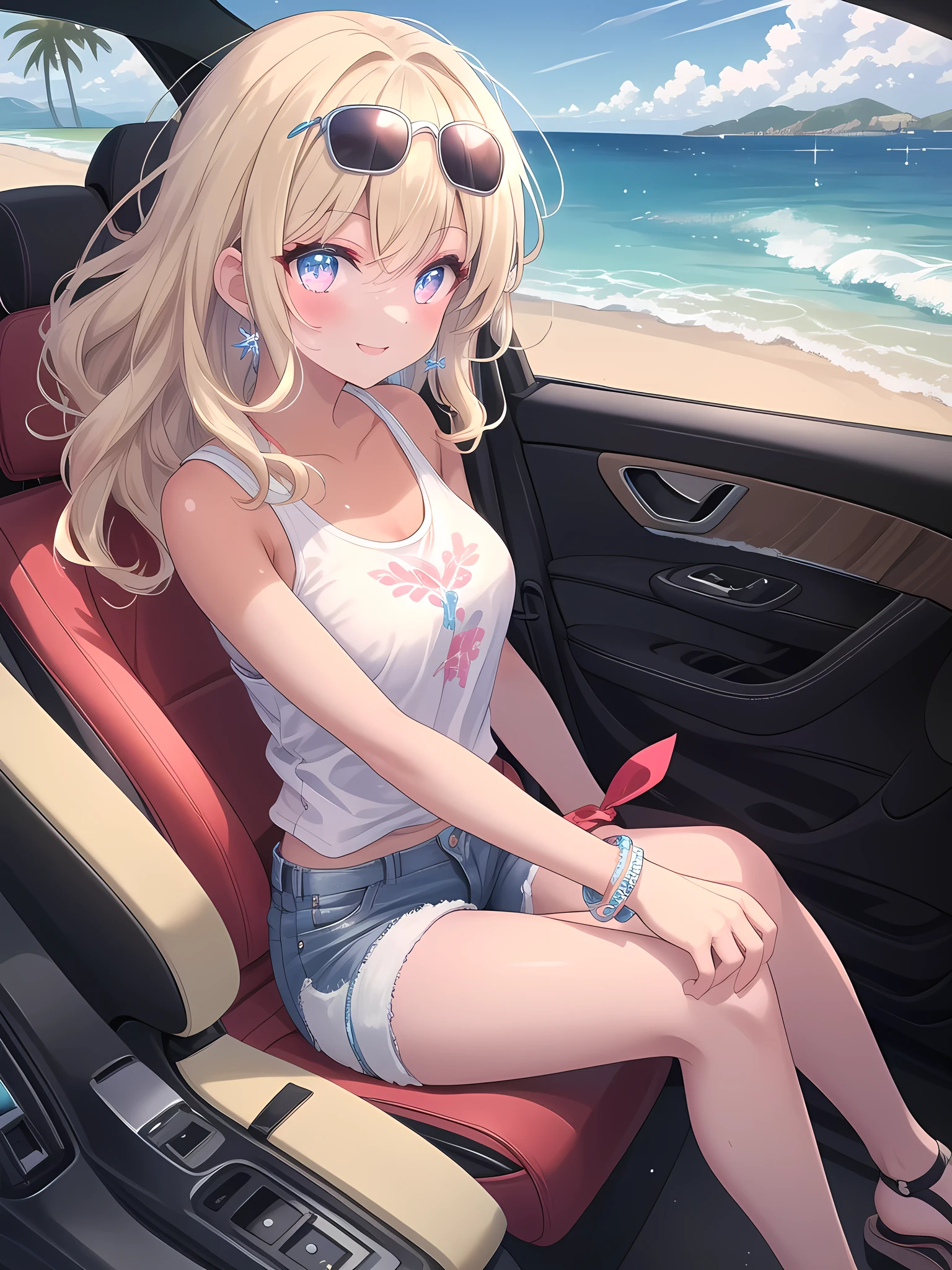 beautiful cute girl,((blonde hair:1.2)),(short hair:1.1),(Lightgreen eyes:1.2),(Flower summer clothes:1.2),((Magazine cover:1.0)),((lace:1.2)),(首を傾げる:1.3), (lie on back:1.15),(In car:1.1),(open your mouth:1.1),kiss Face,close-up Face.