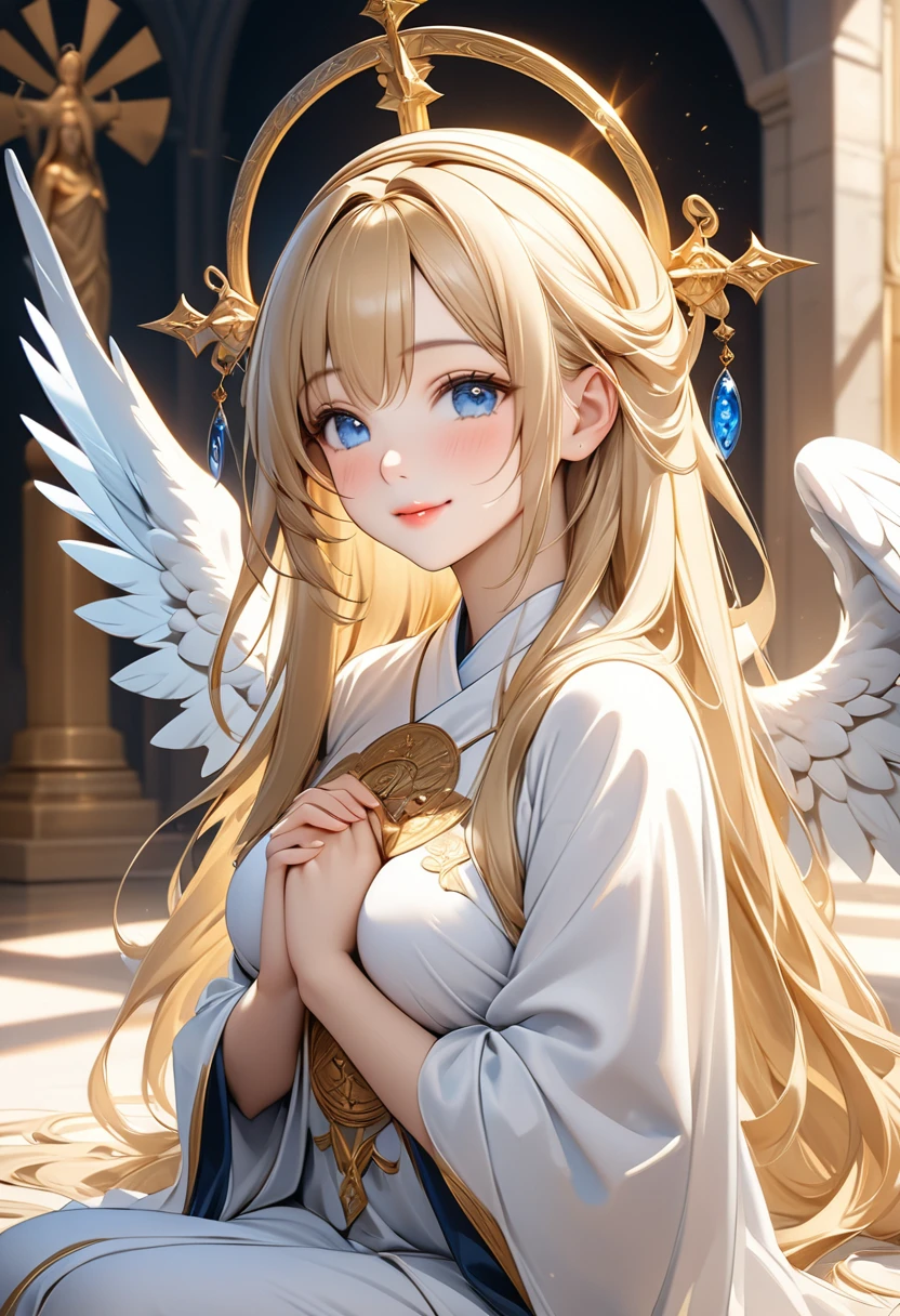 Fantasy CG art,Painting a portrait of a beautiful sister,The sister is 22 years old and has a very beautiful figure.Blonde Straight Her long hair shines brightly, her beautiful blue eyes and her beautiful nose and lips.Her breasts are a little big and beautiful,She wears a beautiful white monk's robe.Beautifully embroidered in gold,She sits on her knees,I pray with my hands clasped in front of my face and my eyes closed in front of the statue of Christ.A beautiful light shines above the sister's head.An angel with cute wings on its back descends and smiles.(Ultra high quality, ultra high definition, masterpiece best quality, 4k, 8k:1.5). Ultra detail,Ultra-fine painting, physically based rendering,Religious and fantasy depictions,Professional photo resolution,