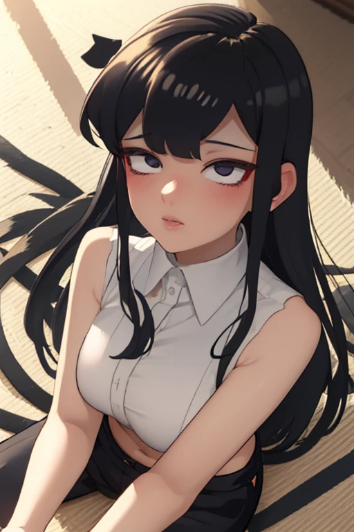 Komi wears . She is cute and innocent. Komi is mind controlled. Hyonosis. Spiral eyes. She lays on the ground. Huge covered in cum breasts. 