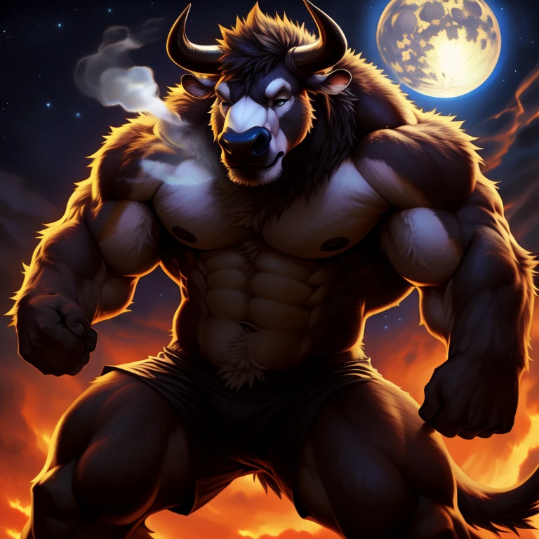 ((realistic)), upload on e621, by Garmash, by allandox, anthro, male, (((detailed fluffy fur))), detailed realistic painting, (((biceped))), (((shaded))) extreme detail, ((bull, medium length horns)), muscular, ((exhaling expression:1.3)), full moon background, full body perspective, tail, standing, ((strong pose))