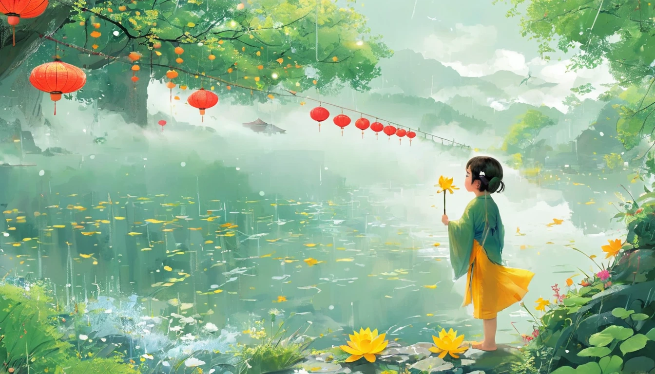 1girl, Cai GuoRUN's illustration style, Flat illustration style,Showing the characteristics of beach New Year paintings,Shuttle,Lotus Stand,Door God,Fairies gather,Bright image,colorful,Exquisite details,Flickering Lights and Shadows,Expressing struggle and hope, 1cgrssh1