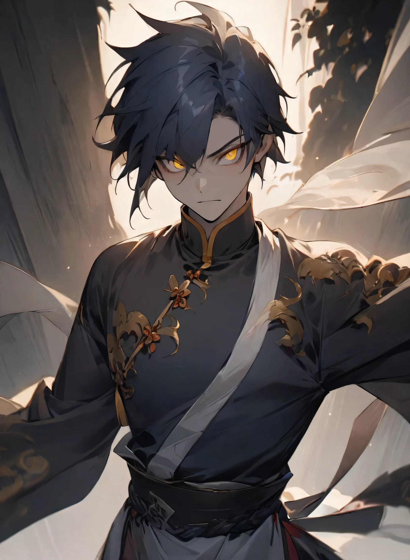 highest quality、masterpiece、man in silhouette、dark scary background、suspicious light young man ,Male Dark, dark Woods, dark blue colors, monk dnd, man with yellow eye, Kungfu Tai Chi Clothes costume style,