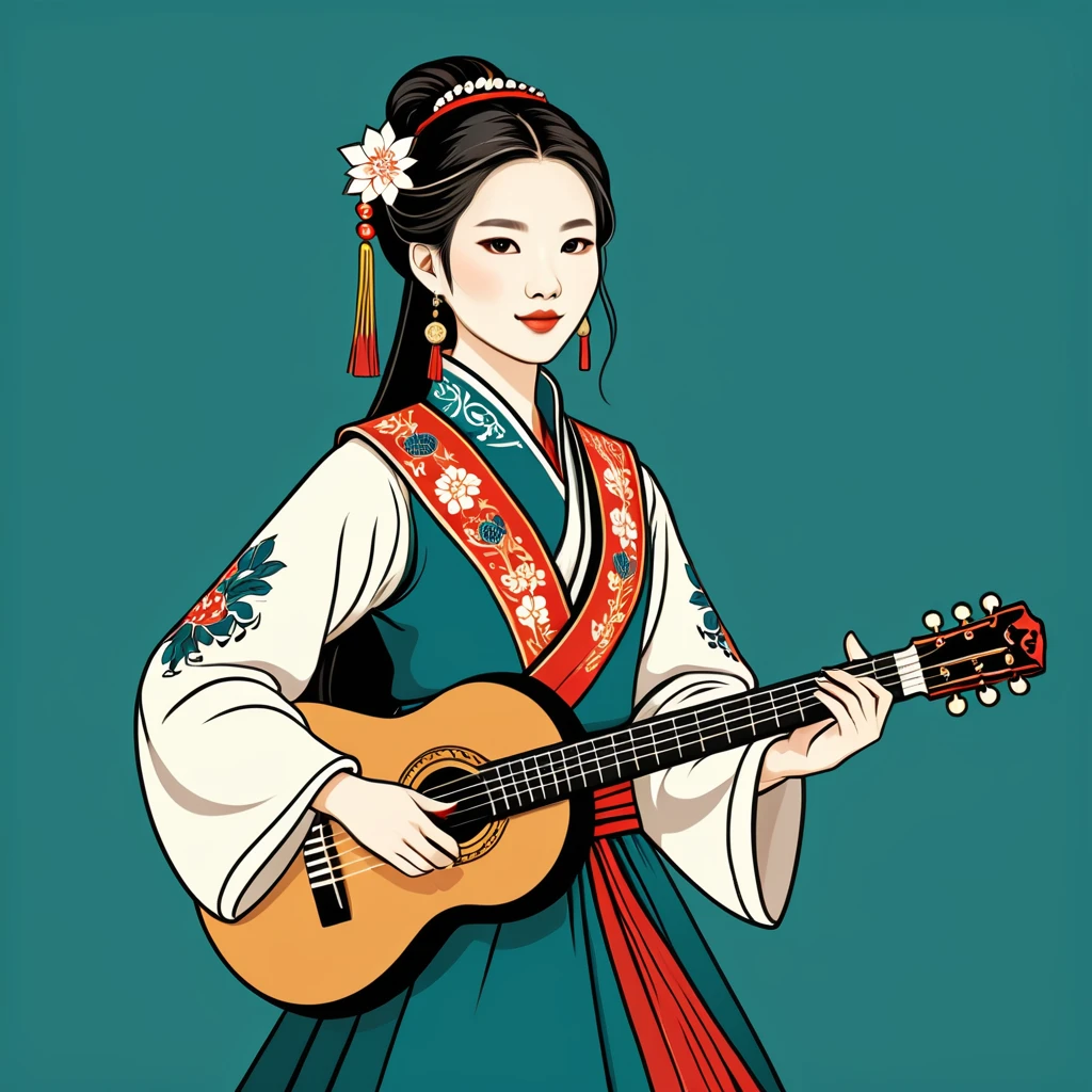 female bard in taiwan folk outfit ,vector graphics, strong contours, logo design