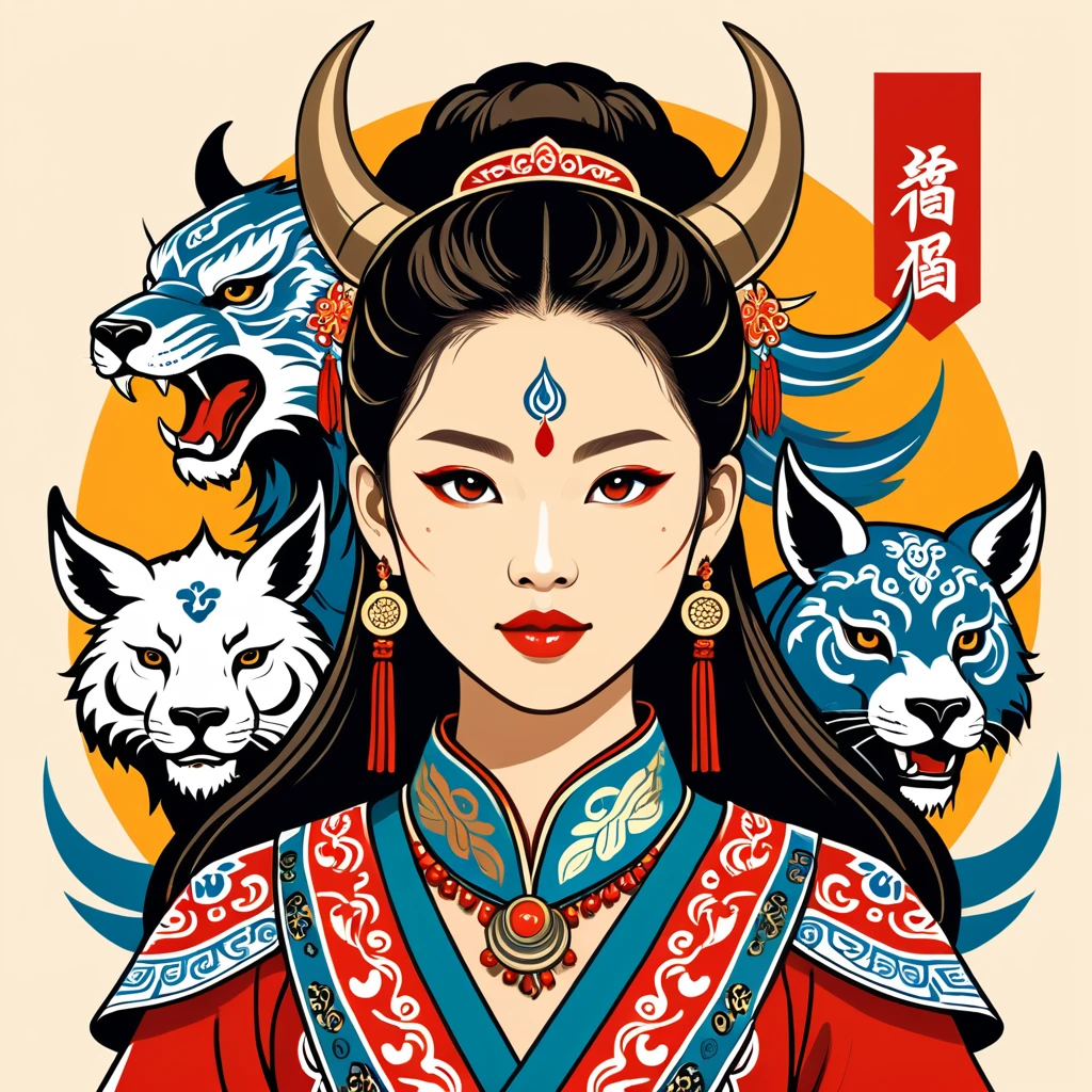 female dragon in mongolian folk outfit, vector graphics, strong contours, logo design