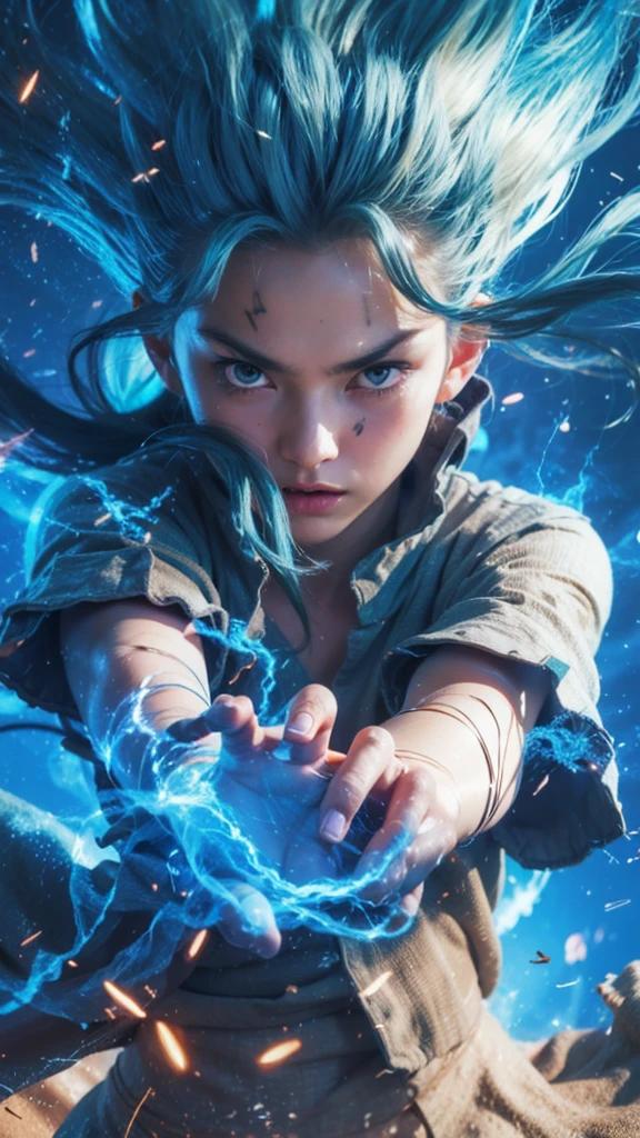 senku ishigami from dr stone, highly detailed and dynamic digital artwork, intense facial features, light skin, sharp determined eyes, lightning-shaped scars on forehead, white and green flowing hair, mid-action pose, hands extended forward, vibrant blue energy crackling with electricity, dynamic blue and white light effects, energetic and visually striking composition, intricate details, texture of clothes, fine lines of hair, interplay of light and shadow, electric energy, powerful and captivating portrayal