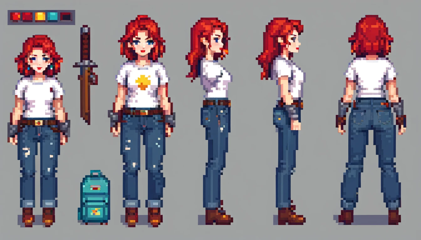 a retro female warrior , avatar ,white t-shirt, jeans pants, red lipstick, pixel art , game character , flat , 2D , red hair , retro , classic , character sheet , best quality , detailed ,