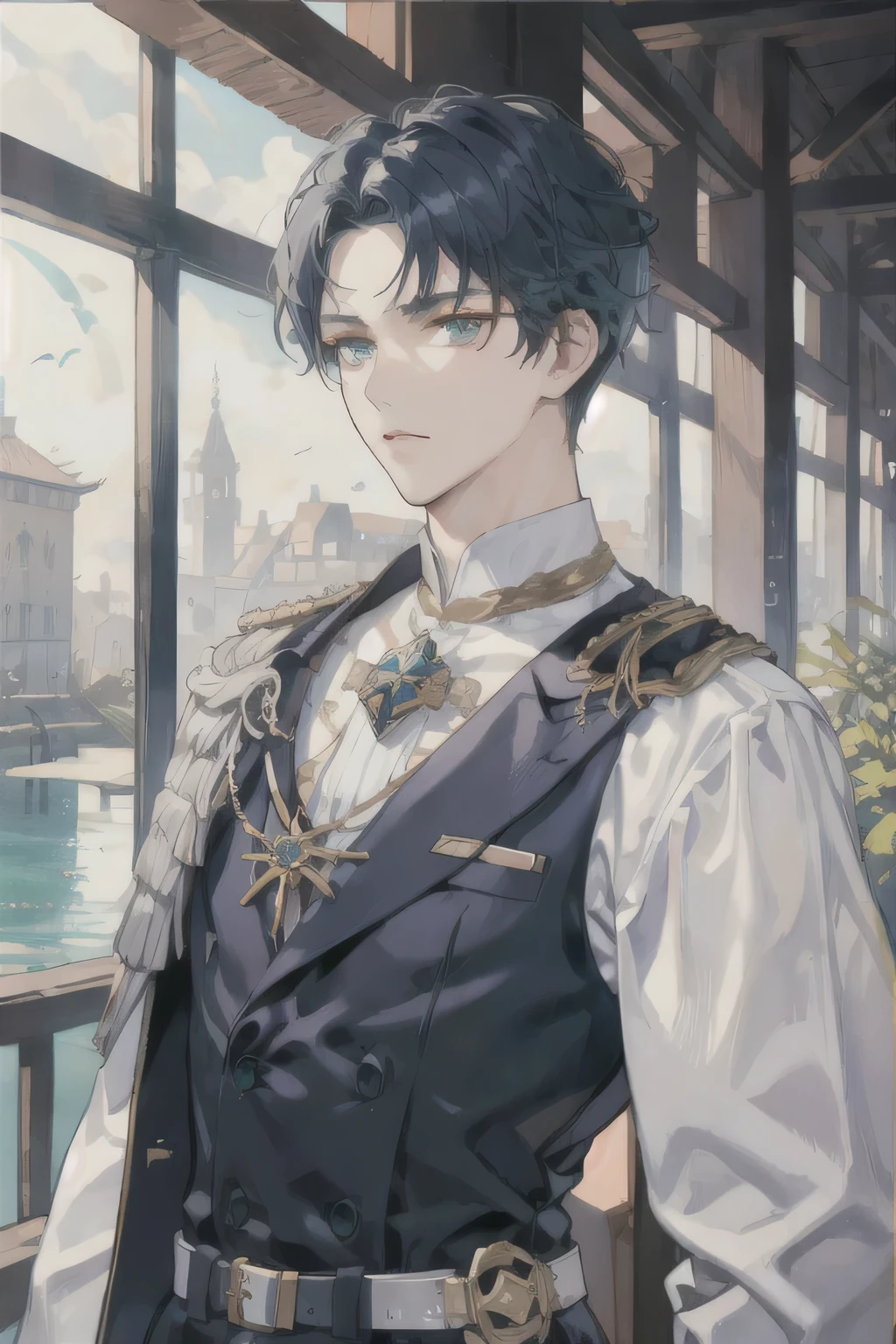 Navy Blue Hair、Straight Hair、all back、Short, trimmed hair、Turquoise Eyes、adult、tall、muscular々、noble、Knight Commander、Serious、Handsome、Adult-like appearance、Knights Uniform、muscular