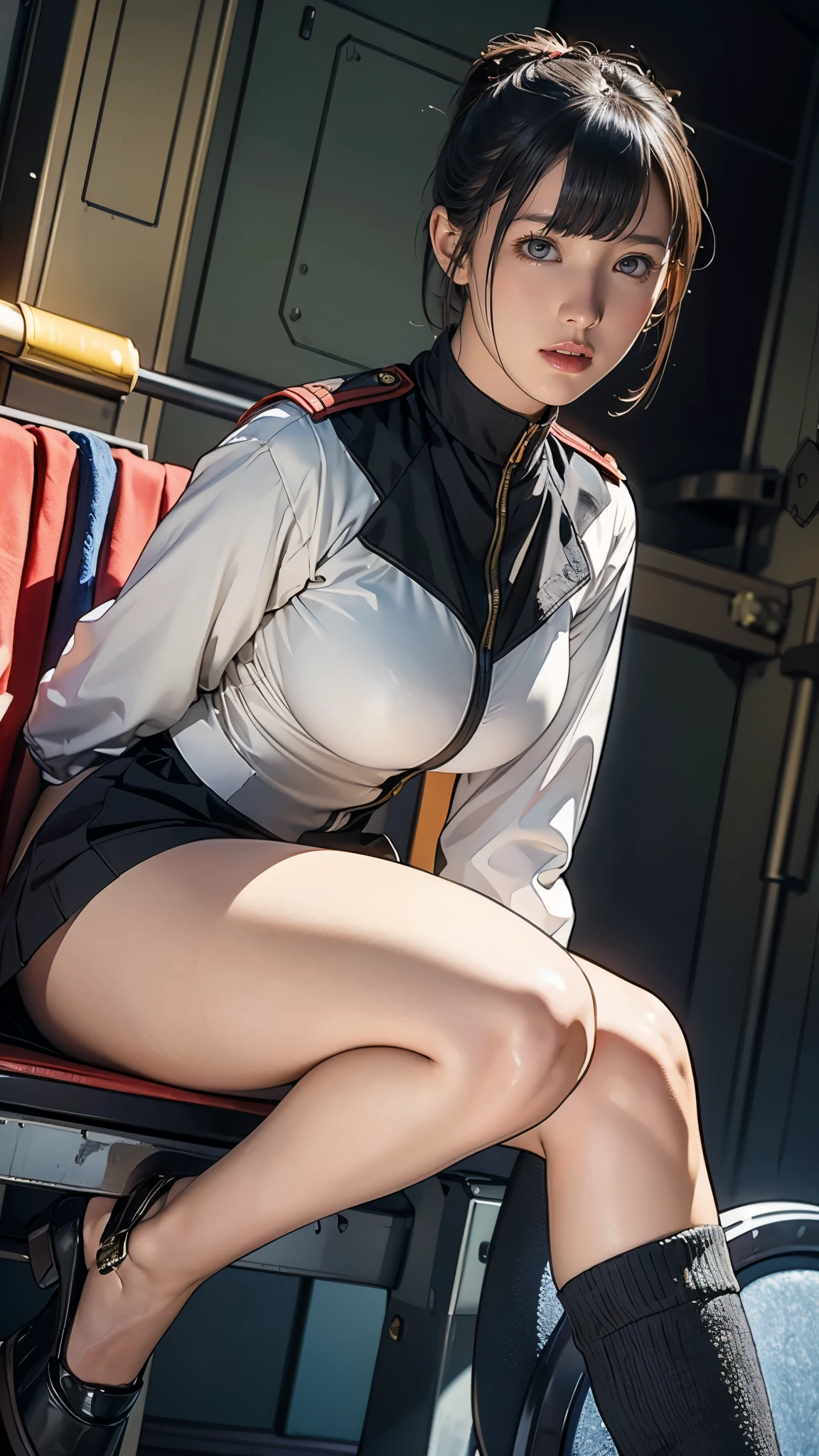 ****************、Earth Federation Operator Girl Soldier、Black short hair、Large Breasts、Idol-level cuteness、Childish face and appearance、Operator intercom mounted on head、Accurately drawn faces、thin、健康的なKnee-lengthスカート風の地球連邦軍制服、Knee-length、Inside the bridge of a battleship、Low angle shot、Anatomically correct、Accurate Fingers、Accurate Rimbuster Piece、Photorealization