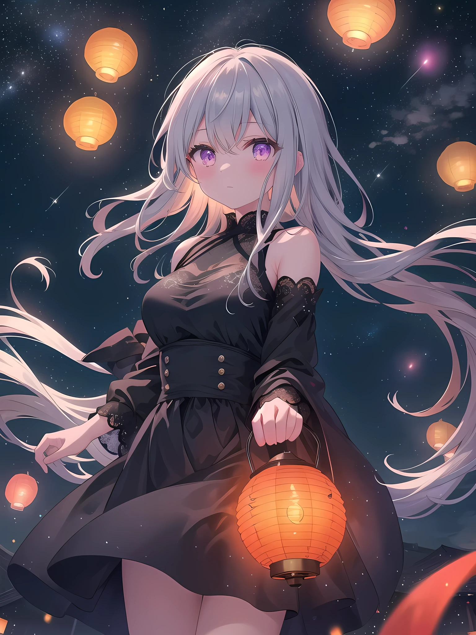((8k, best quality, master piece: 1.3)),super high resolution,(1 girl, solo), (colorshift eyes, hyperdetailed, expressive sparkling, glitter, glowing eyes), ultra detailed eyes, ultra-detailed face, random hair, ((pastel color)),A woman is participating in an event where sky lanterns are released into the night sky. The background is a quiet night view, and the sky is filled with stars. The woman is holding a sky lantern in her hand, preparing to release it into the night sky. Her outfit is simple yet elegant, with a black lace top and a deep purple long skirt. The top is decorated with delicate lace, and the skirt has a flowing silhouette that reflects the light and shines faintly. She is wearing simple black ballet shoes, giving her an overall calm and mature impression. Her hair is shoulder-length and pastel colored. It is lightly wavy and shines softly in the light of the night sky. Her eyes are sparkling, and her expression as she looks at the sky lantern is full of hope and dreams. In her hand she holds a lit sky lantern, from which a warm orange light shines. The lantern sways in the wind and gradually rises into the night sky. There are sky lanterns released by other participants around her, and the countless lanterns are depicted floating in the sky, creating a fantastic and beautiful scene. The angle of the frame is set so that her upper body is in the center, allowing the sky lanterns and the expanse of the night sky to be seen. In the background, a starry sky and floating sky lanterns create an overall warm and dreamy nighttime atmosphere. The sky lanterns are intricately drawn in detail, creating a memorable and fantastical scene.