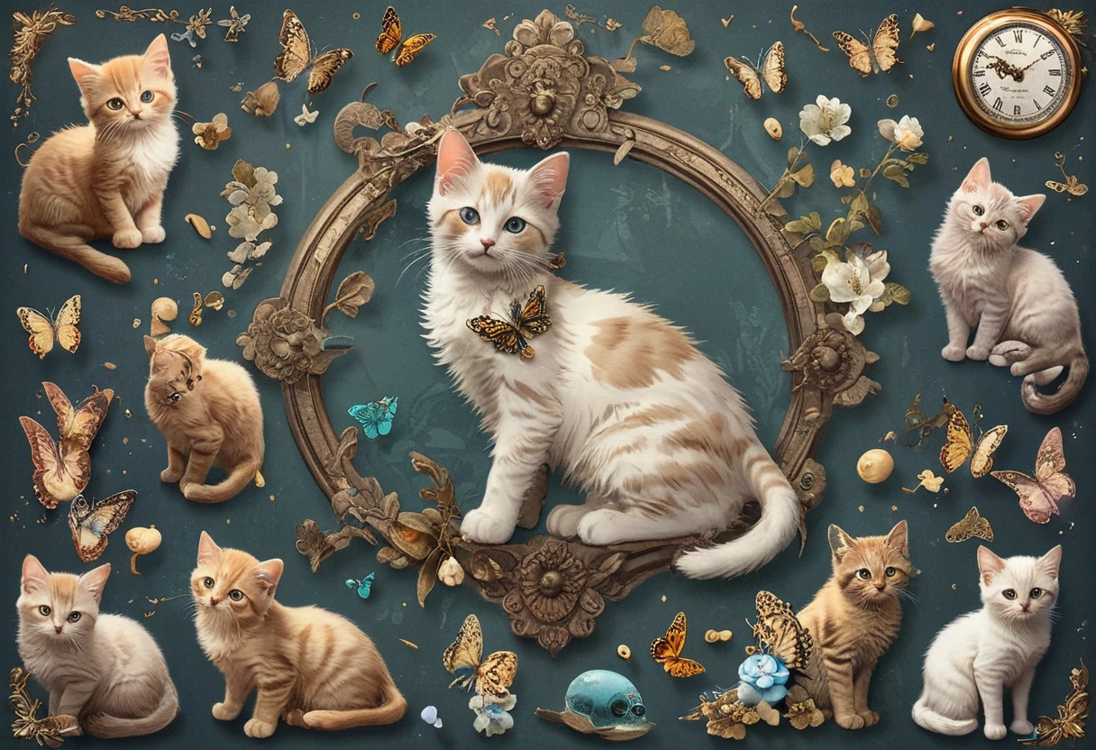 Collage Design、Sticker design、Seal Design、Evenly spaced、Cute kitten、リボンをtけている、Various kittens、Various poses、Fantasy、antique、flower、key、butterfly、Undersea Clock、antiqueデザイン、A lot of kittens、lease、flower束、flower多め、１t１tデザイン大きい、