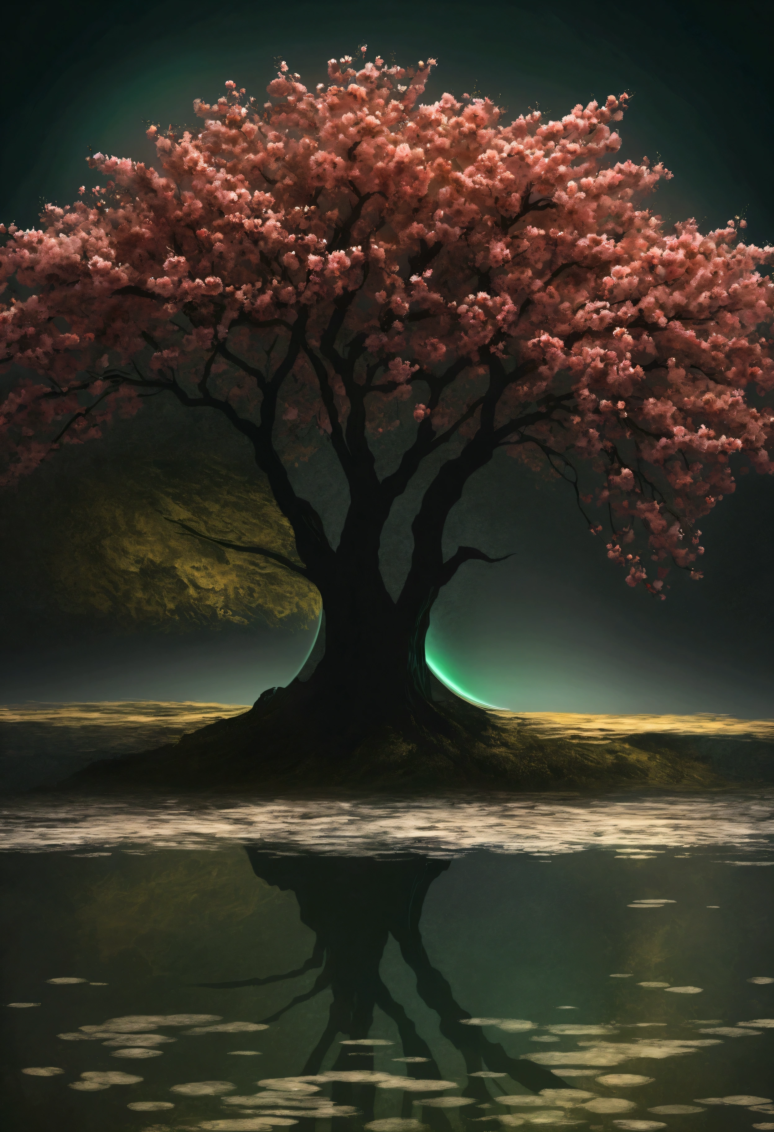 A cherry tree blooming on a dark night, Glossy Sphere Style, conceptual artwork, Joel Robinson, Flow shapes, Ultra high definition images, colorful watercolor painting, dark emerald green and light amber