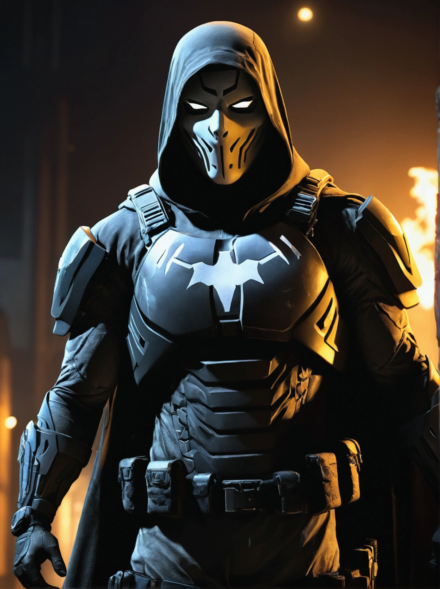 a ghost character from call of duty mobile, realistic, dressed as a superhero, anonymous, call of duty mobile logo in the background, extremely detailed, cinematic lighting, dramatic atmosphere, (best quality,4k,8k,highres,masterpiece:1.2),ultra-detailed,(realistic,photorealistic,photo-realistic:1.37),cinematic composition,dramatic pose,dark and moody colors,dramatic shadows,volumetric lighting,realistic textures,detailed costume design,intricate details,high contrast,penetrating gaze