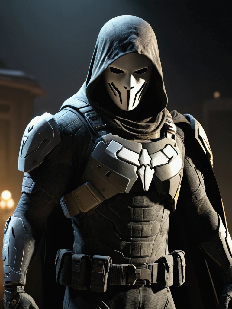 a ghost character from call of duty mobile, realistic, dressed as a superhero, anonymous, call of duty mobile logo in the background, extremely detailed, cinematic lighting, dramatic atmosphere, (best quality,4k,8k,highres,masterpiece:1.2),ultra-detailed,(realistic,photorealistic,photo-realistic:1.37),cinematic composition,dramatic pose,dark and moody colors,dramatic shadows,volumetric lighting,realistic textures,detailed costume design,intricate details,high contrast,penetrating gaze