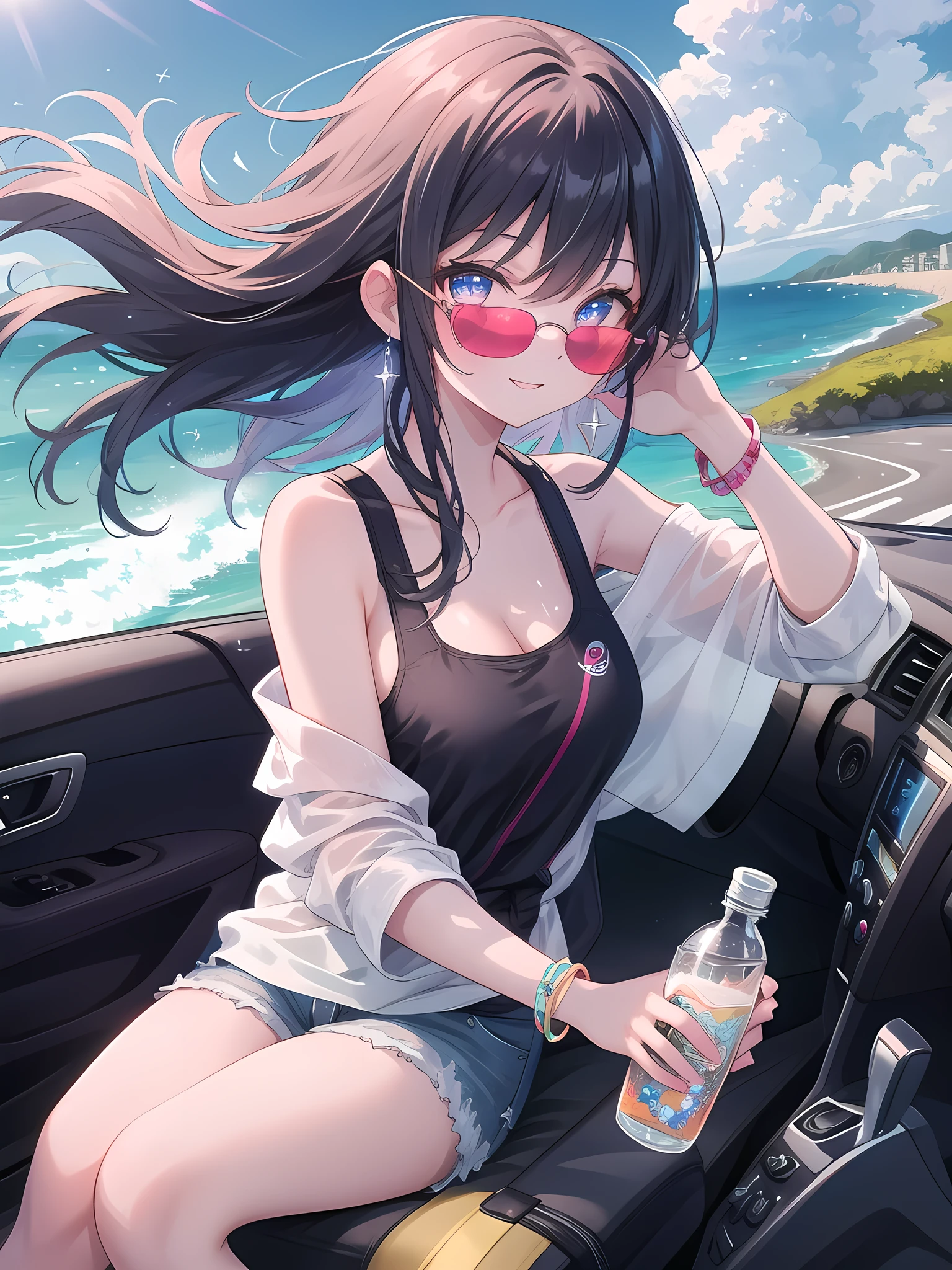 ((8k, best quality, master piece: 1.3)),super high resolution,(1 girl, solo), (colorshift eyes, hyperdetailed, expressive sparkling, glitter, glowing eyes), ultra detailed eyes, ultra-detailed face, random hair, ((pastel color)),A woman enjoying a summer road trip in an open-top car. The background is a landscape with a wide blue sky and a beautiful coastline, and palm trees line both sides of the road, swaying in the breeze. The sky is clear, the sun is shining, and the atmosphere is warm and summery. The sea is visible in the distance, and the white sand is sparkling. The woman is driving a stylish open-top car, the color of the car is bright red, and the sporty design stands out. She is sitting in the passenger seat, her hair blowing in the wind and a happy smile on her face. Her outfit is a casual summer style, with a white tank top and denim shorts, and sandals on her feet. The tank top is embroidered with colorful floral patterns, and the shorts have a little fringe. Several thin bracelets are layered on her arms, adding a simple yet stylish accent. Her hair is shoulder-length and pastel colored, blowing in the wind. She has sunglasses on her face, and enjoys the scenery with a relaxed expression. Her smile is bright, conveying a sense of fun and freedom. The angle of the shot is set so that her upper body is visible, emphasizing her figure sitting in the passenger seat of the convertible. The background features a vast blue sky and a coastline, creating a landscape full of summer atmosphere. Her outfit, accessories, hair flow, and facial expression are depicted in detail, conveying the overall bright and refreshing atmosphere of a summer road trip. The details of the car are also drawn in detail, realistically expressing the shine of the red body, the sporty design, and the texture of the tires. The embroidery and fringe of her outfit and the fine design of her accessories are also clearly depicted, making the overall coordination stand out.