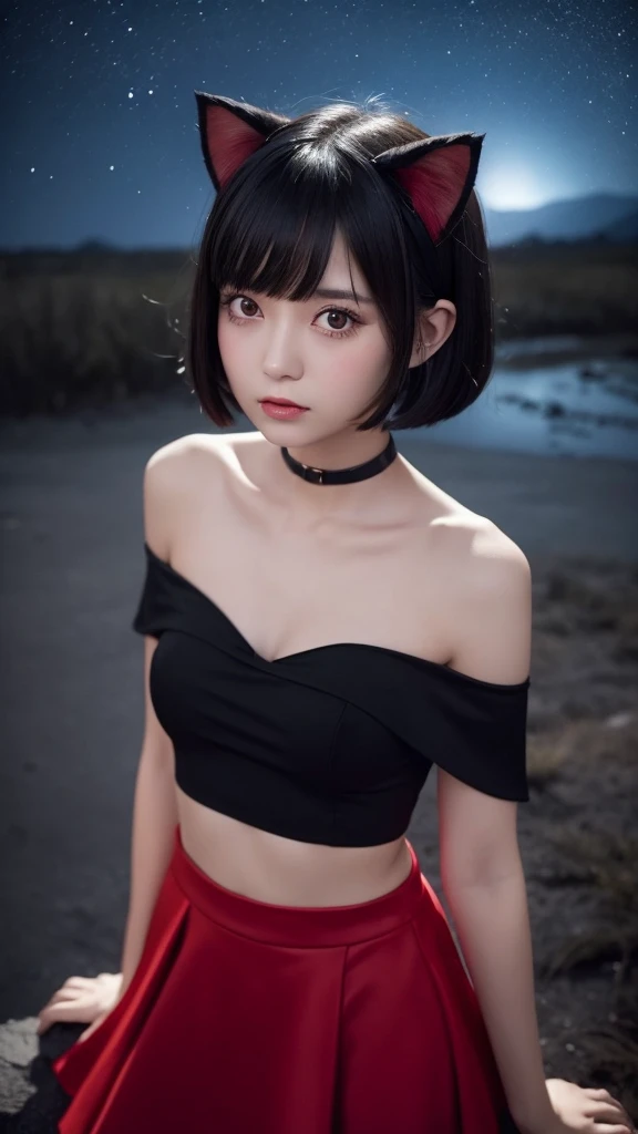 Delicate and dainty young woman with shiny bob-cut black hair and cat ears. She is wearing red wear with mini-skirt. The background is a fantastic and ethereal night sky that seems to be haunted by a specter. Her expression is stern and atmospheric. 10 years old