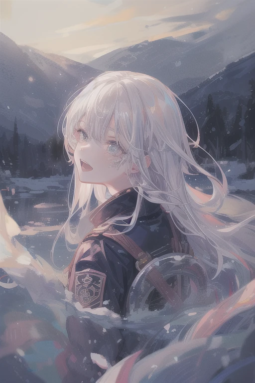 masterpiece:1.2), best quality , solo ,pixiv, anime girl ,白色long hair , Black eyes ,Wearing white and gray camouflage modern military uniform,,Ten years old,Snow,battlefield,(eyes looking into the distance:1.3),(look away:1.5),snowy weather,dirty face,There is blood on the forehead,dirty face,Backlight,Bare rocky peaks ,Very cheerful expression,
(Super detailed:1.2),(HD:1.3), (Professional photography:1.2), (very beautiful:1.2), (Ridiculous:1.2), (Fisheye), movie lighting, (sharp focus), (Perfect light), long hair, big eyes, (Long eyelashes), ((Eye bags)), colorful eyes, Round eyes, (naughty smile), open mouth, jagged teeth, joy, Cute,