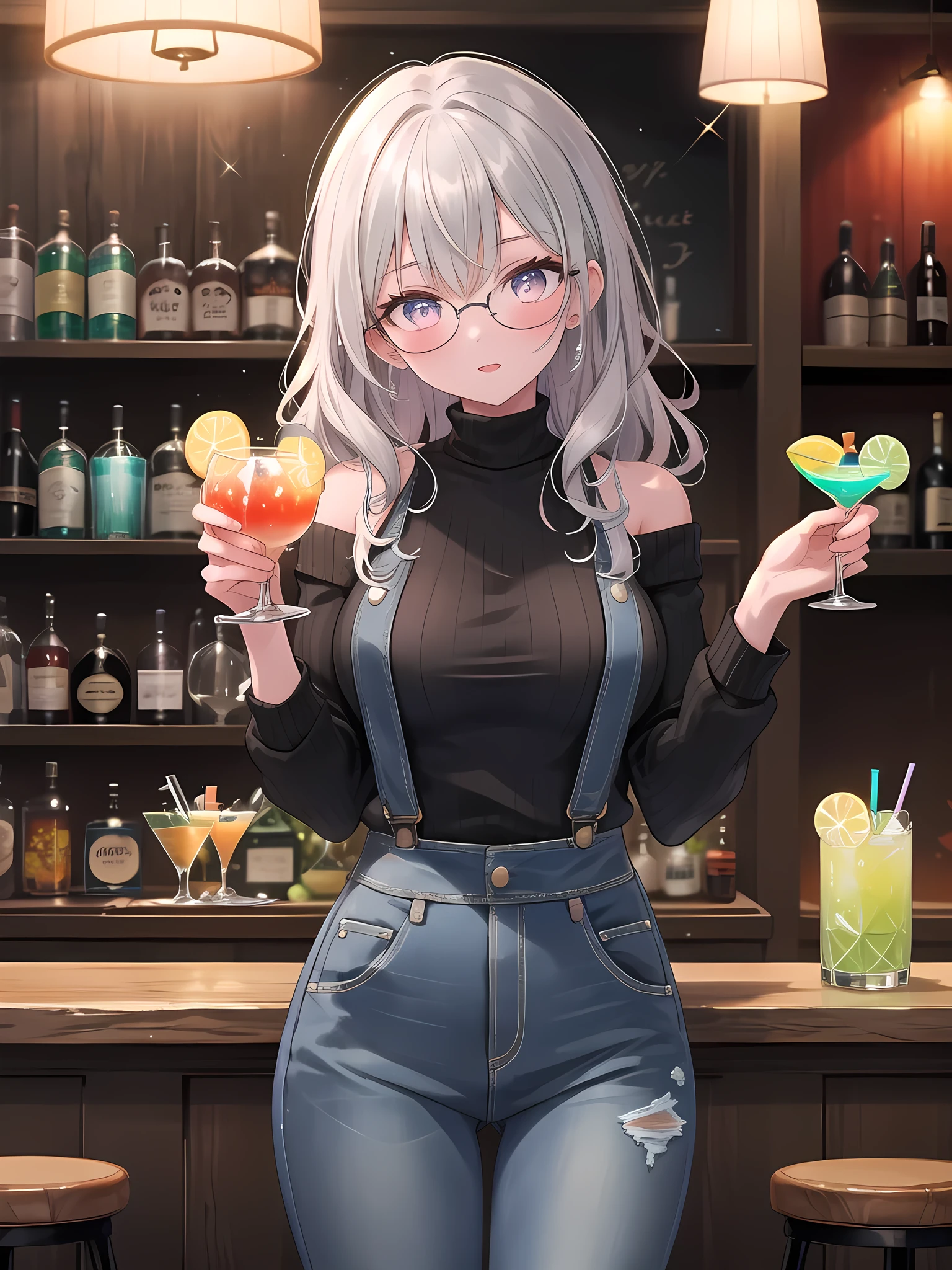 ((8k, best quality, master piece: 1.3)),super high resolution,(1 girl, solo), (colorshift eyes, hyperdetailed, expressive sparkling, glitter, glowing eyes), ultra detailed eyes, ultra-detailed face, random hair, ((pastel color)),A woman is making cocktails at her home bar. The background shows a stylish and modern home bar area, with a dark wooden counter and a chic bar counter. Behind the counter, we can see neatly arranged bar equipment, including bottles, glasses, a cocktail shaker, and a jigger. Colorful fruits and herbs are placed on the counter, ready to be mixed. Indirect lighting softly illuminates the bar area, creating a warm atmosphere. A woman is standing behind the bar, shaking cocktails with a cocktail shaker. Her outfit is casual yet sophisticated, with a black turtleneck sweater and fitted jeans. The sweater is fitted to her body, and the jeans are slightly distressed, giving the look a casual feel. Simple black heels are visible on her feet. Her hair is long and pastel in color. It is lightly wavy and flows loosely around her shoulders. Her expression shows she is focused, but also having fun, and the professional appeal of cocktail making is apparent. Silver liquid pours from the cocktail shaker and bubbles in the glass. Lemon and lime slices and mint leaves are scattered around her, expressing the vibrancy and freshness of cocktail making. Stylish coasters and cocktail sticks are also placed on one corner of the counter, providing excellent detail. The frame is angled to show her whole body and the details of the counter, and the bar area in the background, her outfit, the flow of her hair, and the steps in making a cocktail are depicted in detail. Overall, the image realistically depicts a woman enjoying professional cocktail making in a relaxed atmosphere.