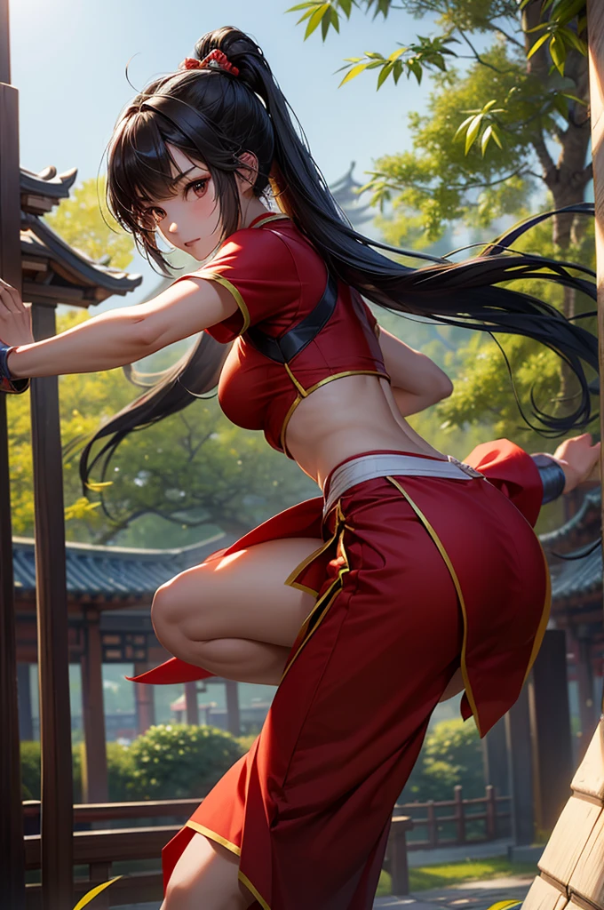 Chinese girl, perfect body, beautiful, wear red chong sam, practice kung-fu, at the bamboo garden