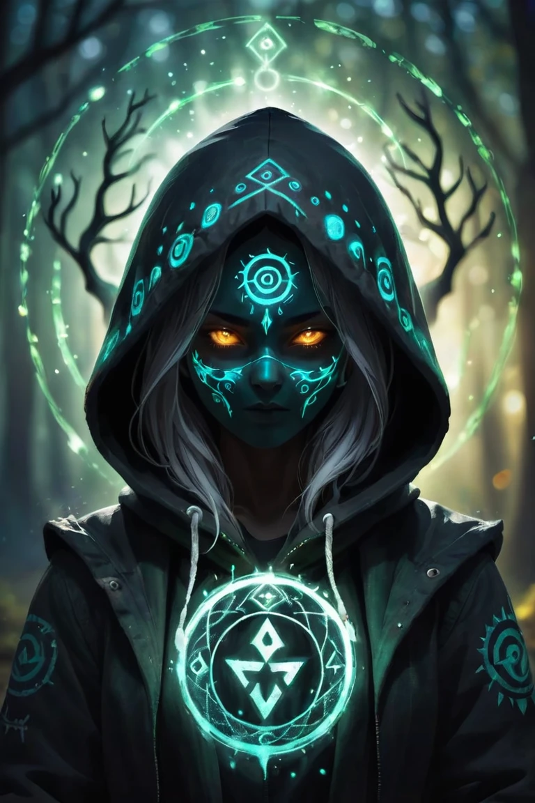 Ghostly female silhouette. Messenger of the God of Nature. Shaman. Integration Mask.Dark canvas jacket. Canvas hood. Rune circle. element. Strength from within. Glowing eyes. Blurry Bokeh. Reality,