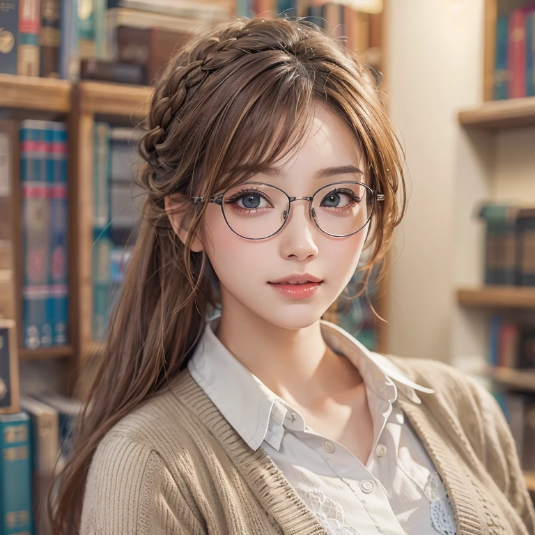 librarian、Clean look、White blouse、Tight Skirt、Glasses(masterpiece:1.3), (8k, Realistic, RAW Photos, Best image quality: 1.4), Japanese 、26 years old,(Random Hairstyles:1.2)、Cleavage:1.2、Highly detailed face、Attention to detail、double eyelid、Chest to chest、Sharp focus:1.2、Beautiful woman:1.4、Light brown hair、Highest quality、masterpiece、Ultra-high resolution、(Realistic:1.4)、Highly detailed and professionally lit smiles、She is looking for a book、Braiding、Remember