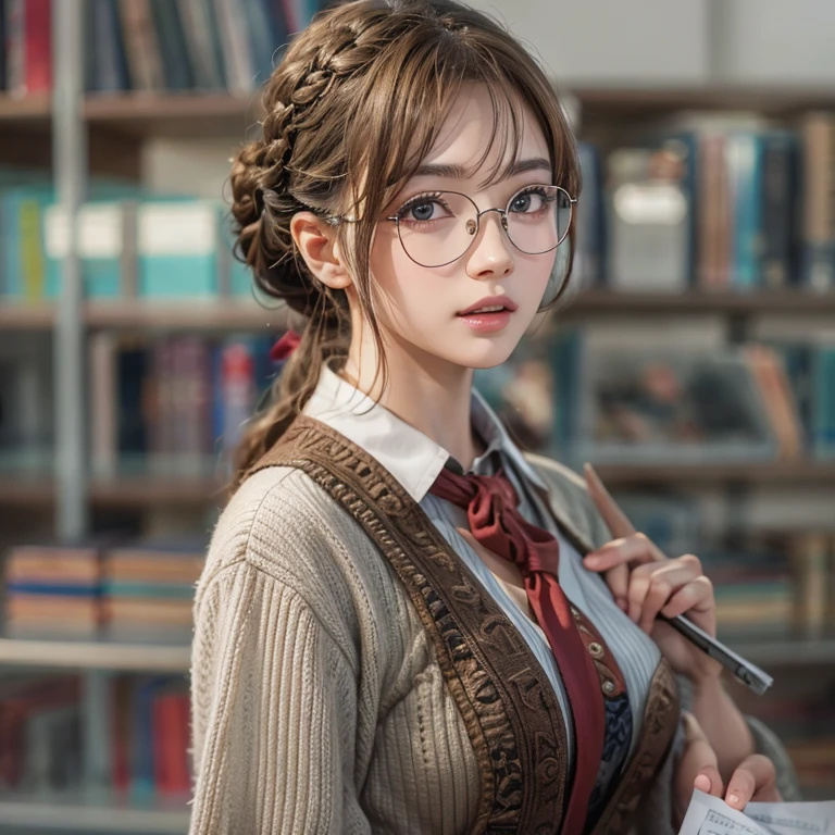librarian、Clean look、White blouse、Tight Skirt、Glasses(masterpiece:1.3), (8k, Realistic, RAW Photos, Best image quality: 1.4), Japanese 、26 years old,(Random Hairstyles:1.2)、Cleavage:1.2、Highly detailed face、Attention to detail、double eyelid、Chest to chest、Sharp focus:1.2、Beautiful woman:1.4、Light brown hair、Highest quality、masterpiece、Ultra-high resolution、(Realistic:1.4)、Highly detailed and professionally lit smiles、She is looking for a book、Braiding、Remember