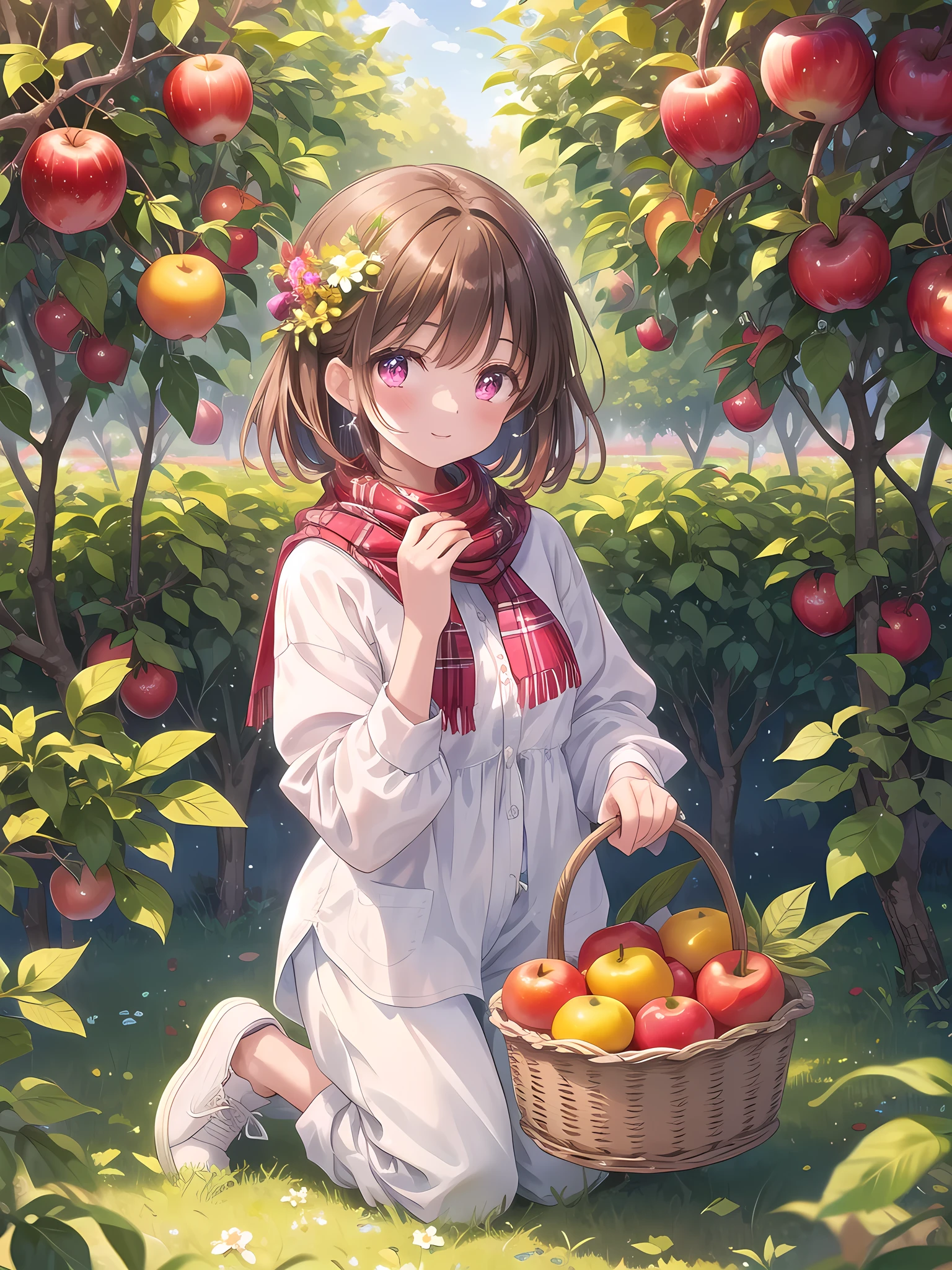 ((8k, best quality, master piece: 1.3)),super high resolution,(1 girl, solo), (colorshift eyes, hyperdetailed, expressive sparkling, glitter, glowing eyes), ultra detailed eyes, ultra-detailed face, random hair, ((pastel color)),A woman picking fruit. The background is a spacious orchard, with lush trees and colorful fruits hanging from the lush leaves. The sky is clear and the soft sunlight envelops the entire orchard, creating a bright and refreshing atmosphere. Grass is growing on the ground of the orchard, and small flowers are blooming here and there. The woman is dressed casually and easily moved around, and appears to be enjoying fruit picking. She is wearing a white blouse, thin denim shorts, and lightweight sneakers. The sleeves of the blouse are slightly rolled up and a small scarf is tied around her neck. A red handkerchief is visible in the pocket of the shorts, and there are some dirt marks on the sneakers. Her outfit is simple, yet refreshing and bright. Her shoulder-length brown hair is lightly curled and blowing in the wind. Her hair is decorated with a pretty flower, brightening her face. Her expression is lively, and she is smiling as she picks the fruit. Her eyes are sparkling, and you can tell she is enjoying the nature of the orchard. She is holding a small basket in her hand, which contains some fresh fruit. The basket contains red apples, oranges, yellow lemons, and other colorful fruits, and the shot is a full-body shot that shows her whole body. She is slightly crouching in the orchard, reaching out her hand to pick the fruit. The orchard trees and sky are depicted in the background, and her figure in nature blends beautifully.