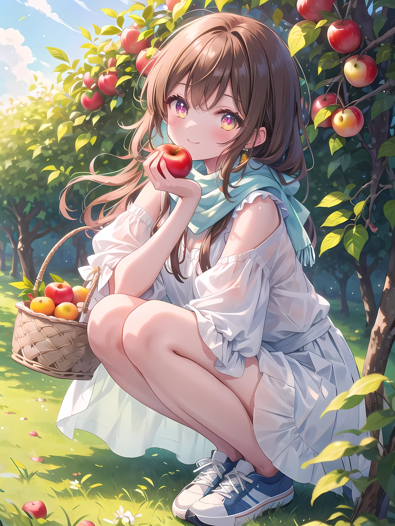 ((8k, best quality, master piece: 1.3)),super high resolution,(1 girl, solo), (colorshift eyes, hyperdetailed, expressive sparkling, glitter, glowing eyes), ultra detailed eyes, ultra-detailed face, random hair, ((pastel color)),A woman picking fruit. The background is a spacious orchard, with lush trees and colorful fruits hanging from the lush leaves. The sky is clear and the soft sunlight envelops the entire orchard, creating a bright and refreshing atmosphere. Grass is growing on the ground of the orchard, and small flowers are blooming here and there. The woman is dressed casually and easily moved around, and appears to be enjoying fruit picking. She is wearing a white blouse, thin denim shorts, and lightweight sneakers. The sleeves of the blouse are slightly rolled up and a small scarf is tied around her neck. A red handkerchief is visible in the pocket of the shorts, and there are some dirt marks on the sneakers. Her outfit is simple, yet refreshing and bright. Her shoulder-length brown hair is lightly curled and blowing in the wind. Her hair is decorated with a pretty flower, brightening her face. Her expression is lively, and she is smiling as she picks the fruit. Her eyes are sparkling, and you can tell she is enjoying the nature of the orchard. She is holding a small basket in her hand, which contains some fresh fruit. The basket contains red apples, oranges, yellow lemons, and other colorful fruits, and the shot is a full-body shot that shows her whole body. She is slightly crouching in the orchard, reaching out her hand to pick the fruit. The orchard trees and sky are depicted in the background, and her figure in nature blends beautifully.