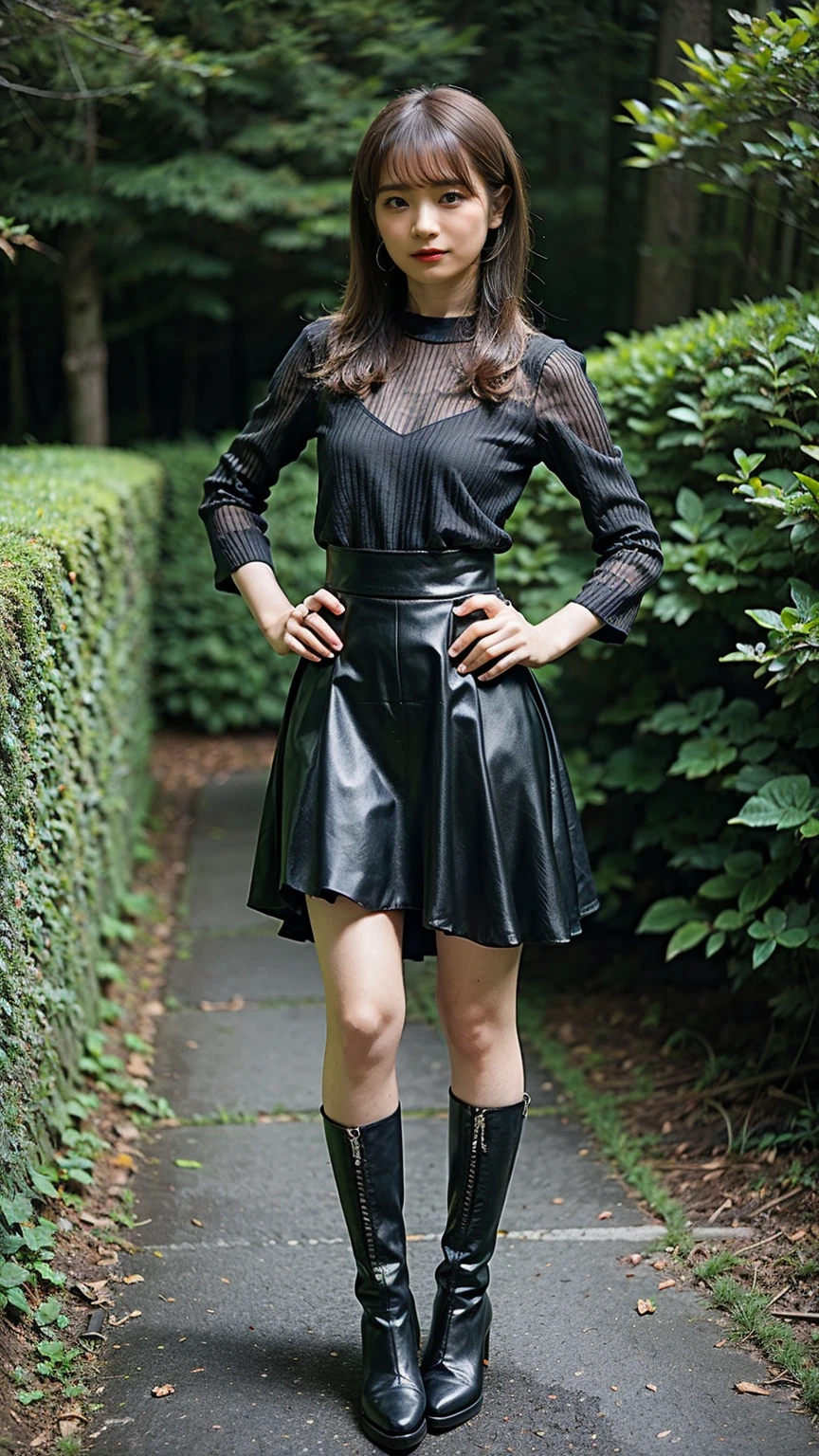 (8k、RAW Photos、Highest quality、masterpiece:1.2)、(Realistic、Realistic)、1 Girl、((Black see-through dresini skirt、garden、Exposed Skin、whole body、boots、View from the front、Looking at the camera、Stand with hands on hips))、cute