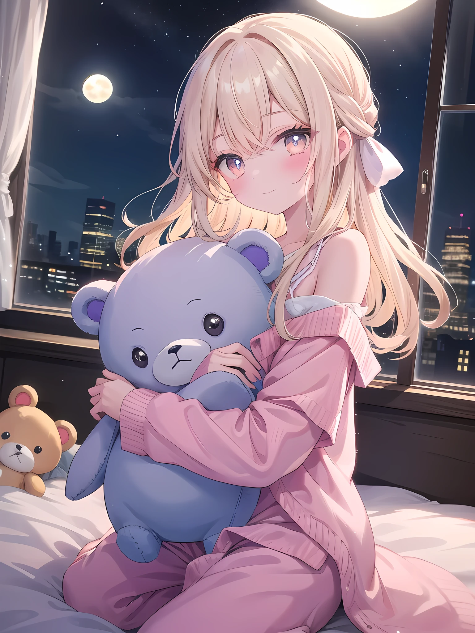 ((8k, best quality, master piece: 1.3)),super high resolution,(1 girl, solo), (colorshift eyes, hyperdetailed, expressive sparkling, glitter, glowing eyes), ultra detailed eyes, ultra-detailed face, random hair, ((pastel color)),A woman holds a stuffed toy. The background is a calm, serene bedroom, with soft lighting gently illuminating the room. The walls are a pale pastel pink, and the room has a simple yet comfortable décor. A large bed sits in the center of the room, topped with fluffy silk sheets. There are a few cushions and a soft blanket on the bed, creating a relaxing atmosphere. The woman is dressed casually and relaxed, wearing cream-colored fleece pajamas, a long-sleeved top and matching pants. The pajamas are soft and form-fitting, yet loose-fitting. She is barefoot, and her overall outfit is relaxed for the evening. Her hair is long and lightly wavy. Her hair is pastel in color and shoulder-length. Her hair is barely tied up, and is left naturally down. Her face is calm, with a gentle smile in her eyes. Her makeup is natural, highlighting the healthy glow of her skin. She is hugging a large stuffed toy, which is in the shape of a fluffy and cute bear. The stuffed toy has large eyes, a gentle expression, and a soft body, and you can see that she is holding it tightly. She is holding the stuffed toy close to her chest, with part of her body leaning against it. The texture and expression of the stuffed toy are depicted in detail, highlighting her relaxed posture and the cuteness of the stuffed toy. A glimpse of the night sky outside is visible through the window, and a little soft moonlight enters the room. The entire room is quiet and peaceful, emphasizing the happy time she and the stuffed toy shared. The angle of the shot is set to include her upper body and the stuffed toy.