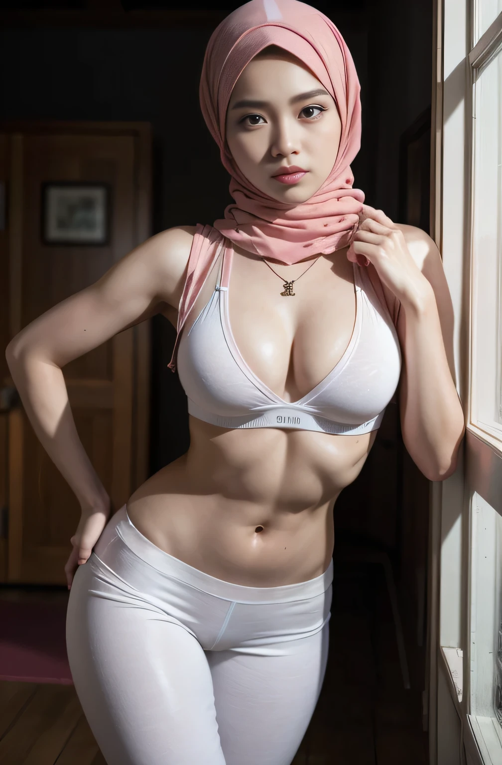 Vogue style photo shoot of malay age girl with necklace (one girl wear hijab), Realistic, high resolution, Korean, heterochrome eyes, small moles under the eyes, tight white sports bra, yoga pants, medium breasts, long legs, tight abs, standing pose, cameltoe, show ass pose, bunny outfit, (medium shot portrait:1.3), dramatic light , Rembrandt lighting scheme, (hyperrealism:1.2), (8K UHD:1.2), (photorealistic:1.2), shot with Canon EOS 5D Mark IV, detailed face, detailed skin texture, show cleavage, big , thigh thick, beautiful body