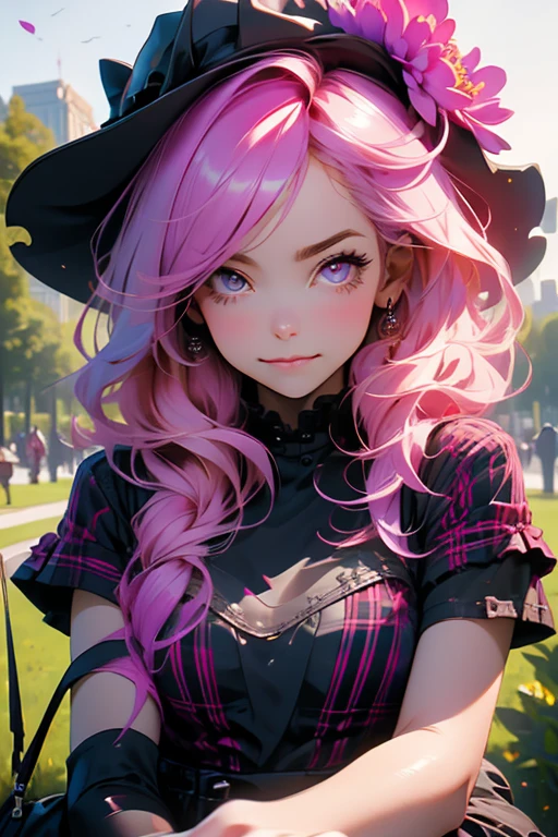 Perfect face. Perfect hands. A pink haired woman with violet eyes and an hourglass figure in a Gothic plaid dress is picking peonies with a broken smile in the park
