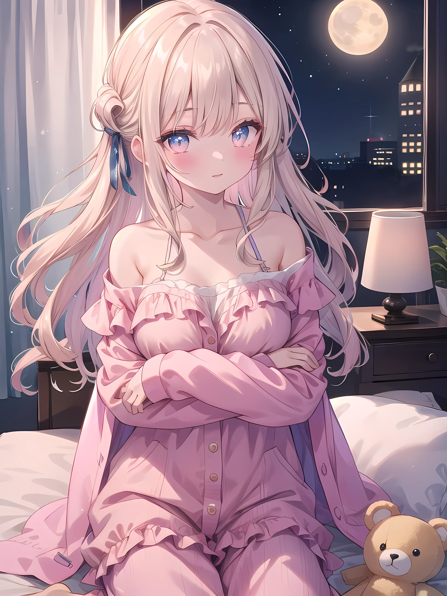 ((8k, best quality, master piece: 1.3)),super high resolution,(1 girl, solo), (colorshift eyes, hyperdetailed, expressive sparkling, glitter, glowing eyes), ultra detailed eyes, ultra-detailed face, random hair, ((pastel color)),A woman holds a stuffed toy. The background is a calm, serene bedroom, with soft lighting gently illuminating the room. The walls are a pale pastel pink, and the room has a simple yet comfortable décor. A large bed sits in the center of the room, topped with fluffy silk sheets. There are a few cushions and a soft blanket on the bed, creating a relaxing atmosphere. The woman is dressed casually and relaxed, wearing cream-colored fleece pajamas, a long-sleeved top and matching pants. The pajamas are soft and form-fitting, yet loose-fitting. She is barefoot, and her overall outfit is relaxed for the evening. Her hair is long and lightly wavy. Her hair is pastel in color and shoulder-length. Her hair is barely tied up, and is left naturally down. Her face is calm, with a gentle smile in her eyes. Her makeup is natural, highlighting the healthy glow of her skin. She is hugging a large stuffed toy, which is in the shape of a fluffy and cute bear. The stuffed toy has large eyes, a gentle expression, and a soft body, and you can see that she is holding it tightly. She is holding the stuffed toy close to her chest, with part of her body leaning against it. The texture and expression of the stuffed toy are depicted in detail, highlighting her relaxed posture and the cuteness of the stuffed toy. A glimpse of the night sky outside is visible through the window, and a little soft moonlight enters the room. The entire room is quiet and peaceful, emphasizing the happy time she and the stuffed toy shared. The angle of the shot is set to include her upper body and the stuffed toy.