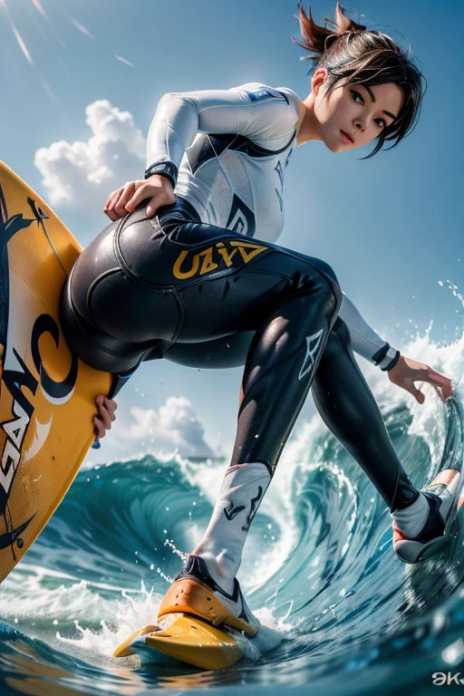 a dynamic sports photography scene, 1girl, Tracer surfing, powerful surfing scene, big wave, beautiful riding pose, stunning surfing riding, (best quality,4k,8k,highres,masterpiece:1.2),ultra-detailed,(realistic,photorealistic,photo-realistic:1.37),HDR,studio lighting,vivid colors,wet skin, bokeh,photography