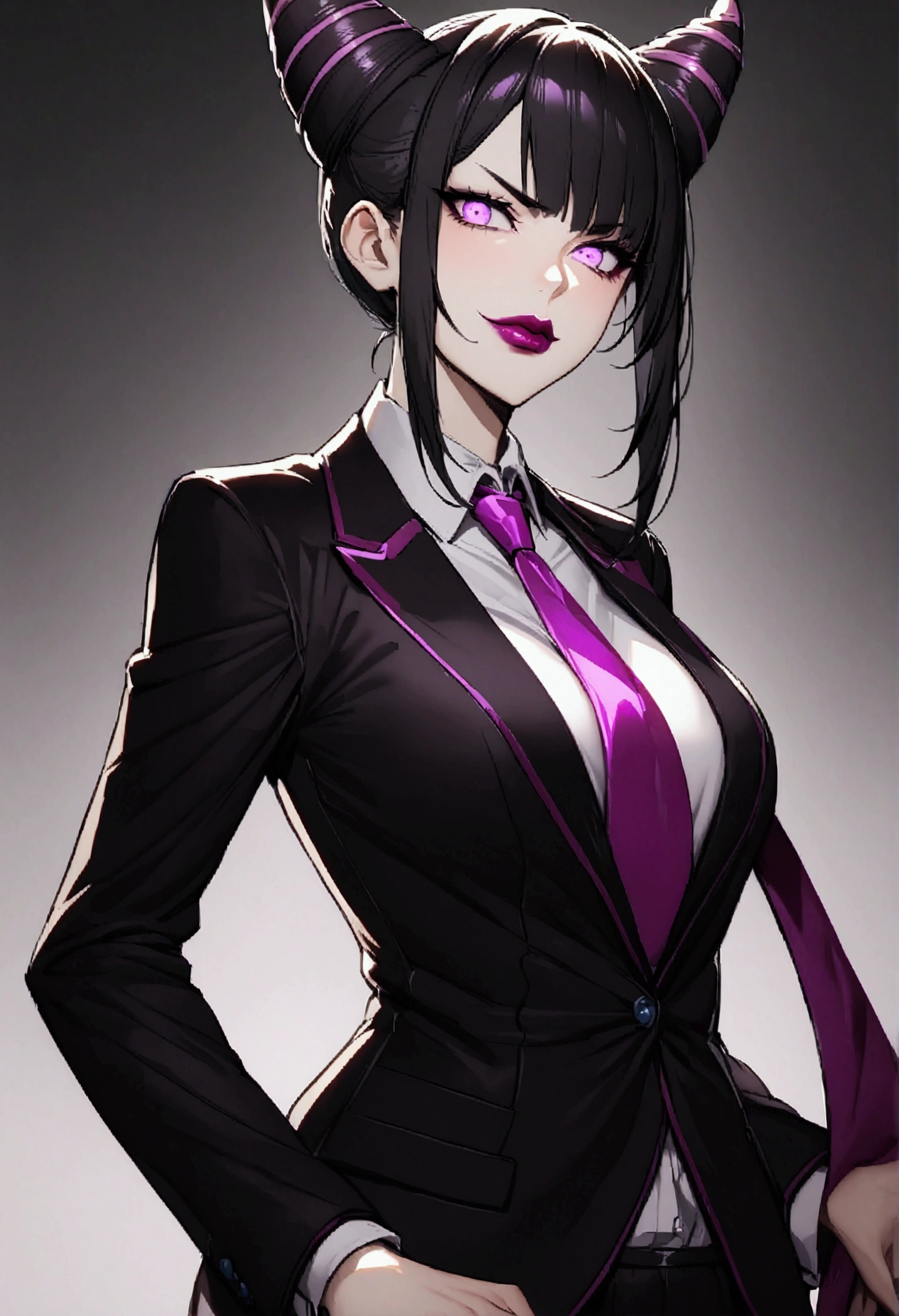 Beautiful girl, hair with hair horn, Wearing a formal suit, necktie, large breasted, sexly, lipstick, Evil smiley face, Beautiful purple eyes shining, black hair and