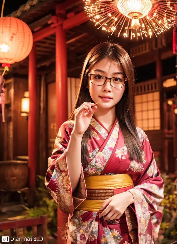 (best quality, 4K, masterpiece :1.3), detailed, beautiful, insanely detailed, absurdres, perfect anatomy, Thai beautiful girl, 22 years olds, (slender), Super detailed face, Detailed lips, delicate eyes,  double eyelids, wear glasses, long light brown hair, wear red flower yukata, playing with sparklers, in the night of Japanese festival. Background is a Japanese festival in asakusa temple, full body shot, random pose.