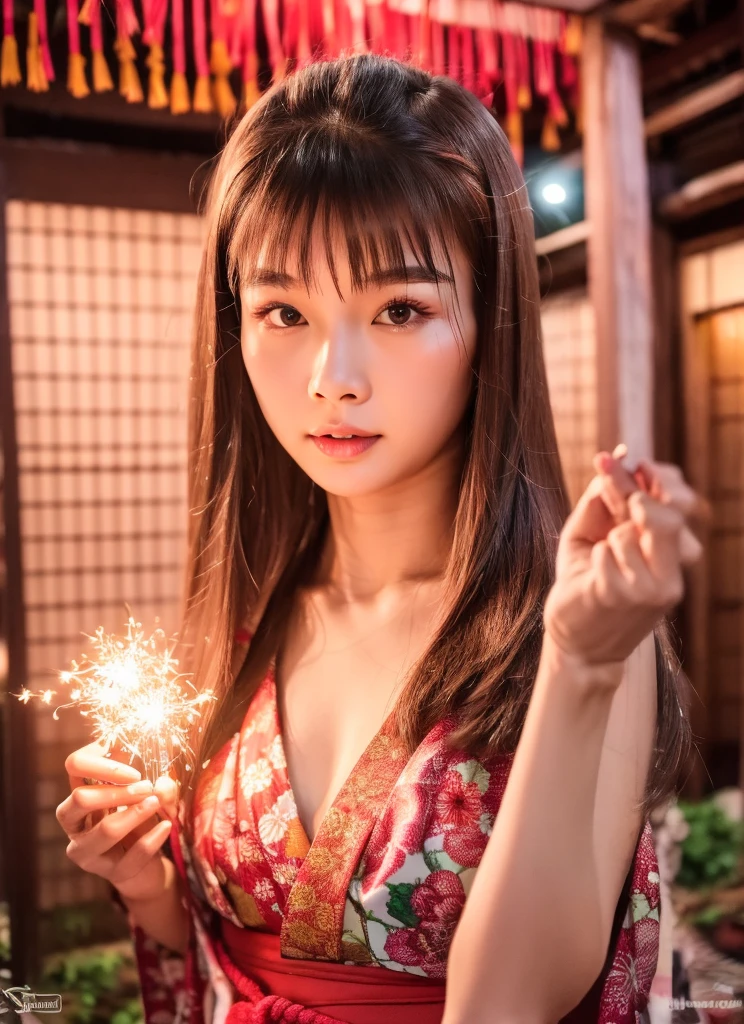 (best quality, 4K, masterpiece :1.3), detailed, beautiful, insanely detailed, absurdres, perfect anatomy, Thai beautiful girl, 22 years olds, (slender), Super detailed face, Detailed lips, delicate eyes,  double eyelids, wear glasses, long light brown hair, wear red flower yukata, playing with sparklers, in the night of Japanese festival. Background is a Japanese festival in asakusa temple, full body shot, random pose.