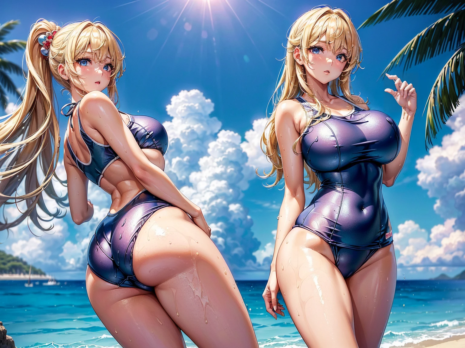 ((masterpiece)), ((high quality)), ((Very detailed)), ((High resolution)) ,((8k)), Beautiful woman, ((She is one of the most famous female gravure idols in the world..)), Unparalleled beauty, ((Big Ass)), Narrow waist, Ultra detailed face, Perfect Skin, (((Blonde Straight Hair))), blue eyes, Detailed eyes, (((anime))), 24-years-old, ((Incredibly beautiful woman)), ((F cup bust)), ((((School swimsuit designated by the school)))), ((Beautiful breasts)), Beautiful feet, 6th class large, anime, The most beautiful、Strongest, ((charm)), ((British Beauty)), ((Adult face)), ((Okinawa's ocean, sunny, Swim gracefully in the sea, Wet)), ((Fascinating)), Sensual,