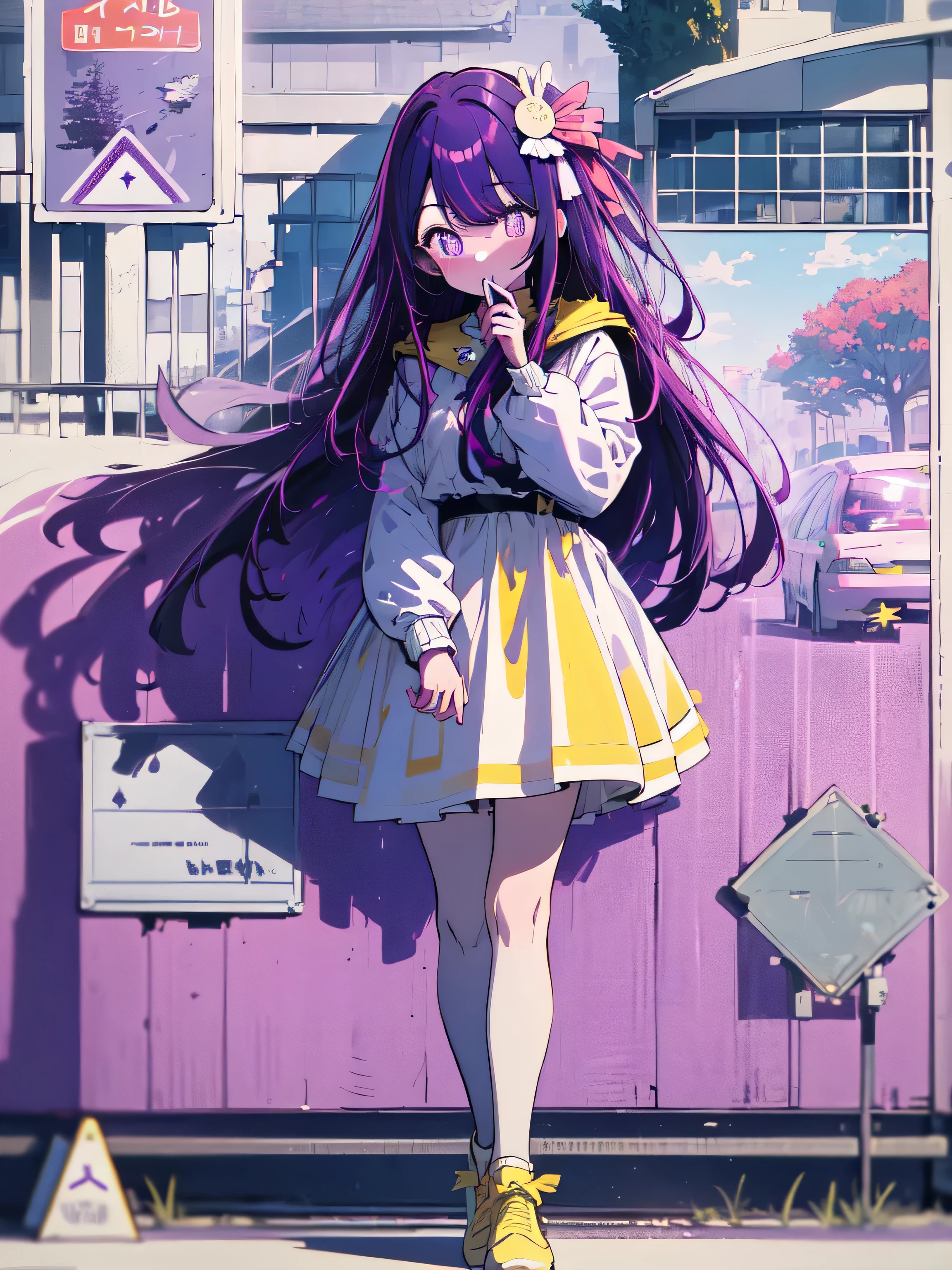 1girl, solo, hoshino ai, coat, long sleeves, purple hair, (star-shaped pupils), long hair, bangs, looking at viewer, yellow footwear, road sign, outdoors, autumn, trees, momiji, absurdres, 16k, masterpiece, best quality,